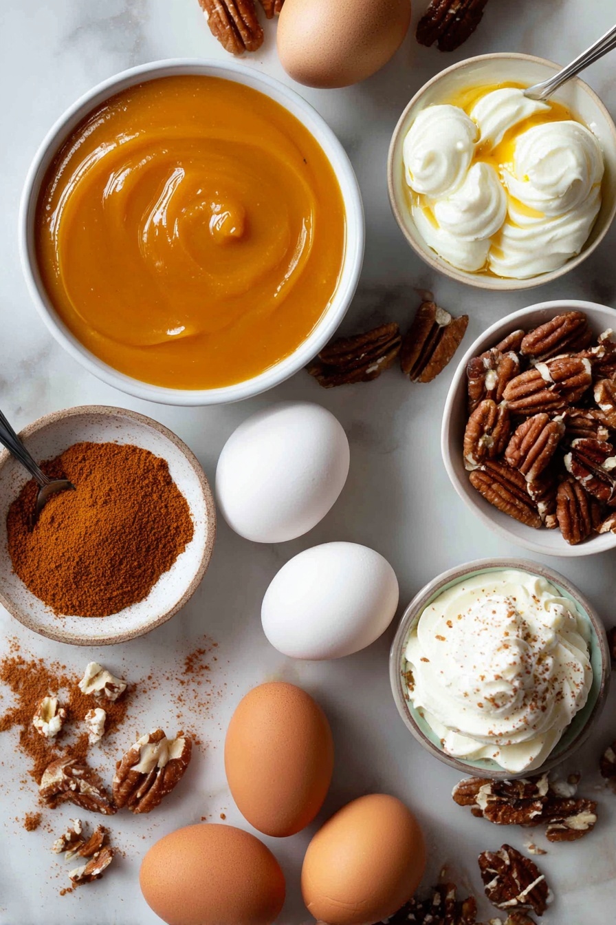 Flat lay of smooth pumpkin purée, rich caramel sauce glistening under soft light, creamy white cream cheese frosting dollops, warm golden melted butter, whole and cracked large eggs, vibrant brown pumpkin pie spice scattered artistically, and a handful of chopped pecans with their rugged texture, all beautifully arranged on a white marble surface, photo taken with an iphone --ar 2:3 --v 7