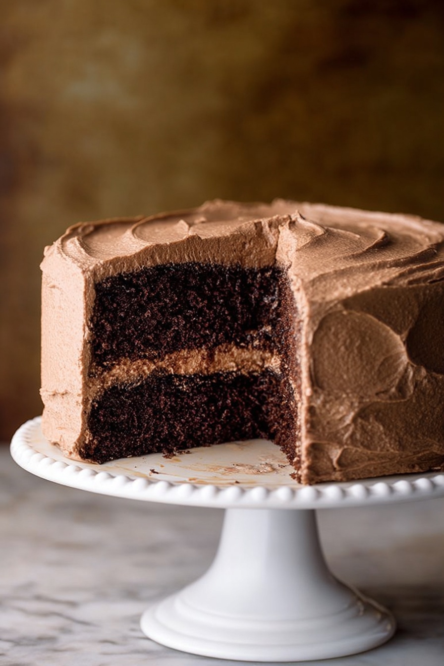 This image shows a two-layer chocolate cake on a white cake stand with small round edges. The cake layers are dark brown with a moist texture, separated by a thick layer of creamy light brown chocolate frosting. The whole cake is covered smoothly with the same light brown frosting, which has a soft and slightly whipped look. A large slice is missing from the front, revealing the inside layers clearly. The background is blurry with a warm brown color, and the surface is a white marbled texture. Photo taken with an iphone --ar 2:3 --v 7