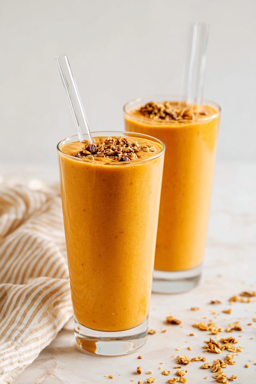 Two clear glass cups are filled with a smooth, thick orange smoothie layer, sitting on a white marbled surface. Each smoothie is topped with a layer of golden brown granola mixed with small dark chocolate chunks scattered unevenly across the surface. Each cup has a clear glass straw inserted in the top, angled slightly outward. Around the cups, loose pieces of granola are scattered randomly on the white marbled surface. To the left of the cups, a white and light beige striped cloth sits folded. photo taken with an iphone --ar 2:3 --v 7