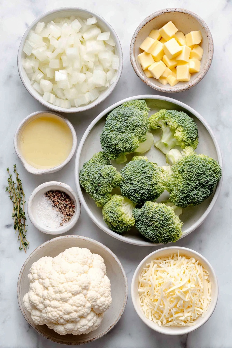 Flat lay of fresh broccoli florets cut into 1-inch pieces, fresh cauliflower florets cut into 1-inch pieces, a small white ceramic bowl of diced raw onions, a small white ceramic bowl with peeled garlic cloves minced finely, a small white ceramic bowl of small yellow butter cubes, a small white ceramic bowl containing all-purpose flour, a small white ceramic bowl of whole milk, fresh thyme sprigs, a small white ceramic bowl of coarse salt, a small white ceramic bowl of whole black peppercorns, a small white ceramic bowl filled with shredded sharp cheddar cheese, a small white ceramic bowl with shredded parmesan cheese, a small white ceramic bowl of plain bread crumbs, a small white ceramic bowl with garlic powder, and a small white ceramic bowl with melted butter, all arranged symmetrically with realistic proportions placed on a clean white marble surface, soft natural light, photo taken with an iPhone, professional food photography style, fresh ingredients, white ceramic bowls, no bottles, no duplicates, no utensils, no packaging --ar 2:3 --v 7 --p awthu7i m7354615311229779997