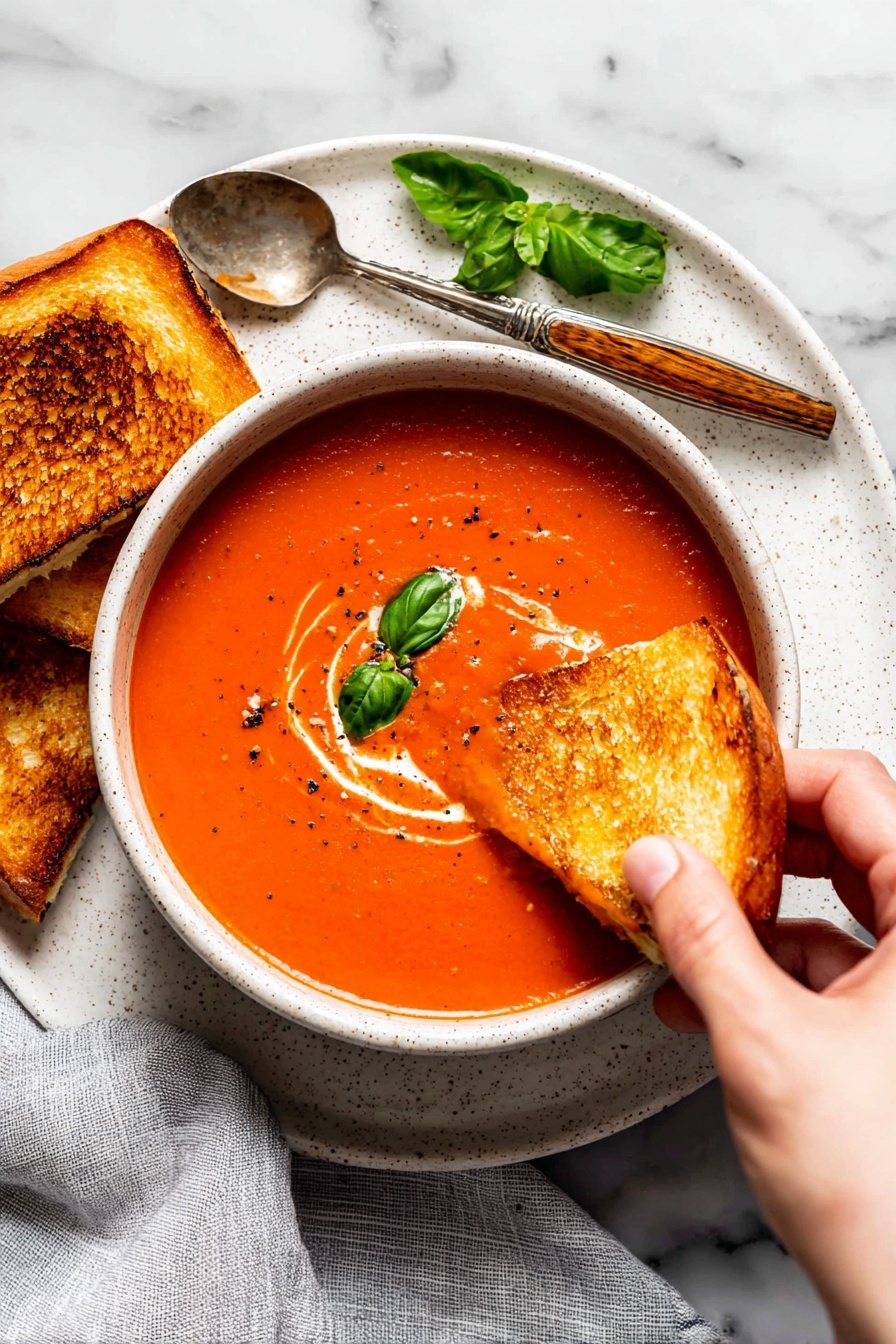 A bowl filled with smooth, thick orange-red tomato soup, topped with a small swirl of cream and tiny black pepper specks, with two small green basil leaves sitting near the center. A piece of toasted golden-brown grilled cheese bread is being dipped into the soup by a woman's hand from the top right corner. The bowl sits on a white speckled plate next to a piece of grilled bread, a silver spoon with a wooden handle, and a sprig of fresh green basil leaves on a white marbled surface. A light gray cloth is placed under the plate to the right side. photo taken with an iphone --ar 2:3 --v 7