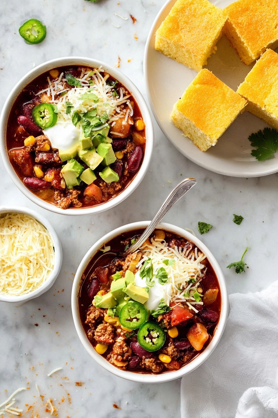 Two white bowls of chili are shown on a white marbled surface. Each bowl has three main layers: a base layer of chili with red kidney beans, ground meat, corn, and diced tomatoes, followed by a layer of shredded white cheese partly melted, and topped with diced green avocado chunks, sliced green jalapeños, small green cilantro leaves, and a dollop of white sour cream. One bowl has a silver spoon inside it. To the right, a white plate holds several square pieces of golden yellow cornbread with a crumbly texture. A small white bowl with shredded cheese is placed near the bottom left corner. The scene also shows small crumbs scattered on the marble surface and a white cloth partly visible in the lower right corner. Photo taken with an iphone --ar 2:3 --v 7