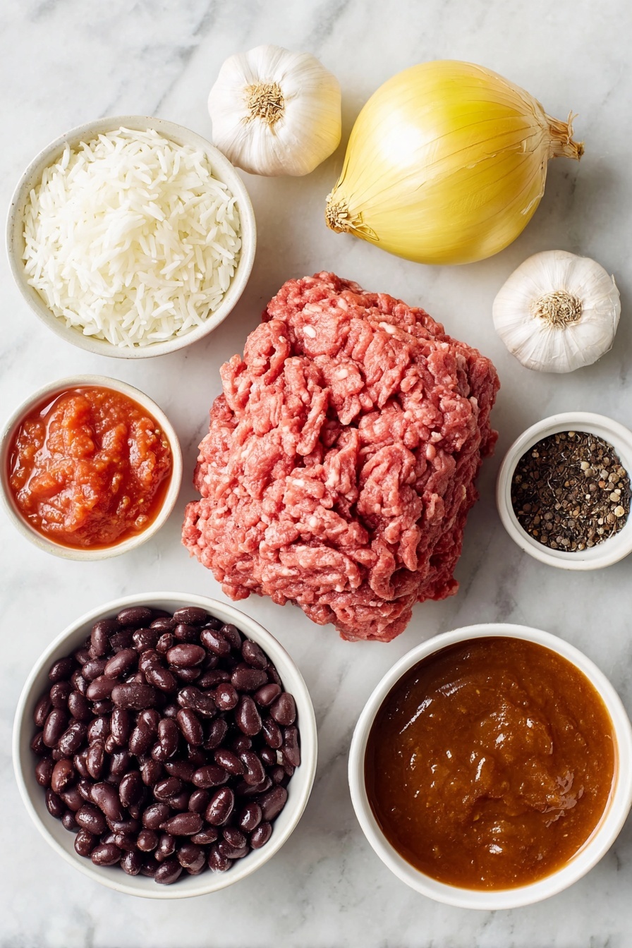 Flat lay of a mound of fresh lean ground beef, a small white ceramic bowl of vibrant red taco seasoning powder, a whole small yellow onion unpeeled, two whole garlic bulbs with papery skin intact, a simple white ceramic bowl filled with glossy fire roasted diced tomatoes, another white bowl containing dark reddish chili beans soaking in liquid, a white bowl with black beans glistening after rinsing, a small white bowl of smooth bright red tomato sauce, a larger white ceramic bowl holding rich brown beef broth, a neat mound of fluffy cooked white rice, and two small white bowls with coarse kosher salt crystals and freshly cracked black peppercorns, all arranged symmetrically and naturally placed on a clean white marble surface, soft natural light, photo taken with an iPhone, professional food photography style, fresh ingredients, white ceramic bowls, no bottles, no duplicates, no utensils, no packaging --ar 2:3 --v 7 --p awthu7i m7354615311229779997