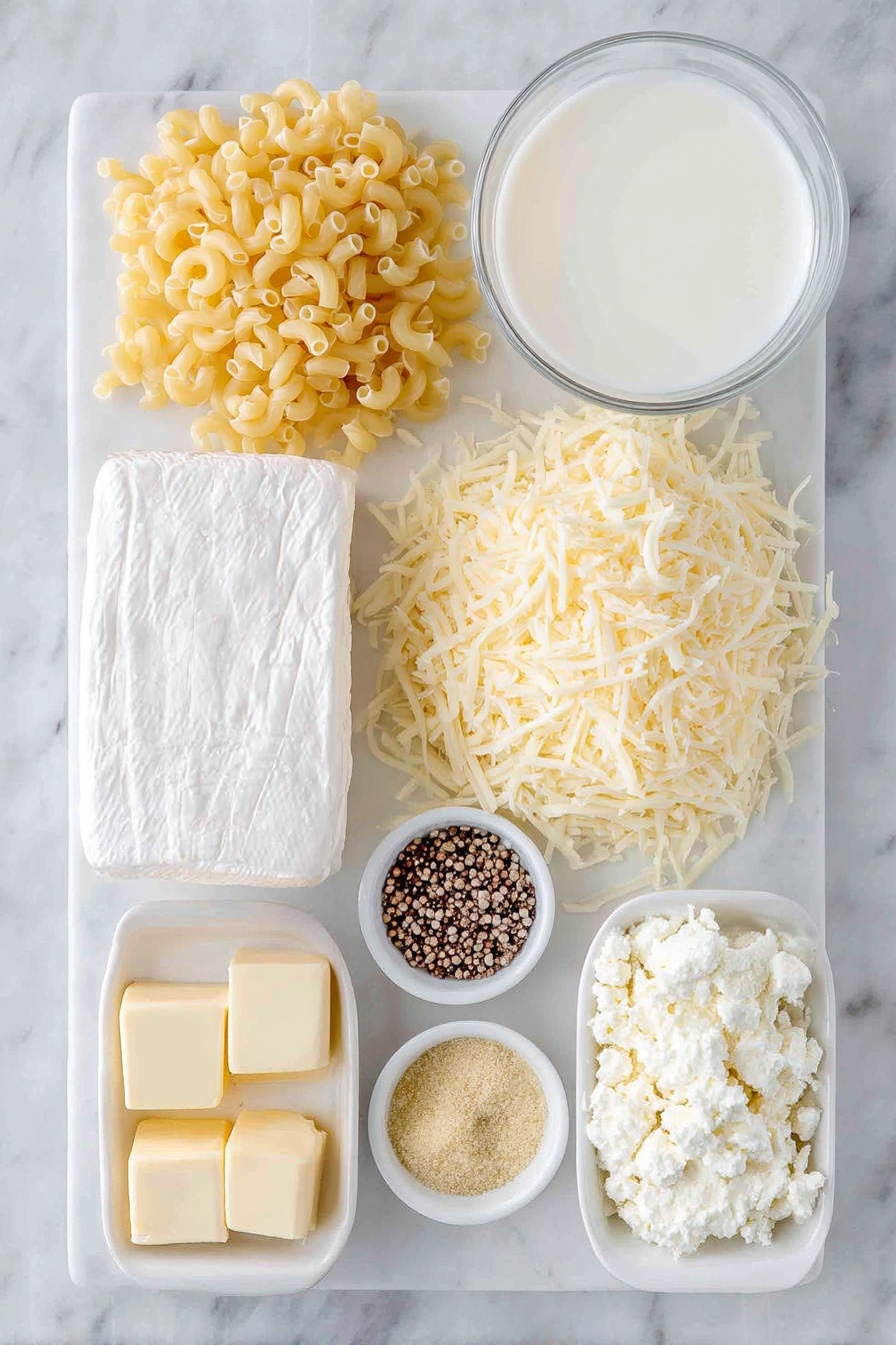 Flat lay of a small pile of uncooked elbow macaroni, a neat mound of grated sharp cheddar cheese, a separate mound of grated Monterey Jack cheese, a round softened cream cheese block, four small pats of golden butter, two small white bowls each filled with creamy evaporated milk, a small white bowl with dry yellow mustard powder, a small white bowl of coarse salt, and a small white bowl of whole black peppercorns, all arranged in perfect symmetry on a clean white ceramic surface, placed on a clean white marble surface, soft natural light, photo taken with an iPhone, professional food photography style, fresh ingredients, white ceramic bowls, no bottles, no duplicates, no utensils, no packaging --ar 2:3 --v 7 --p awthu7i m7354615311229779997
