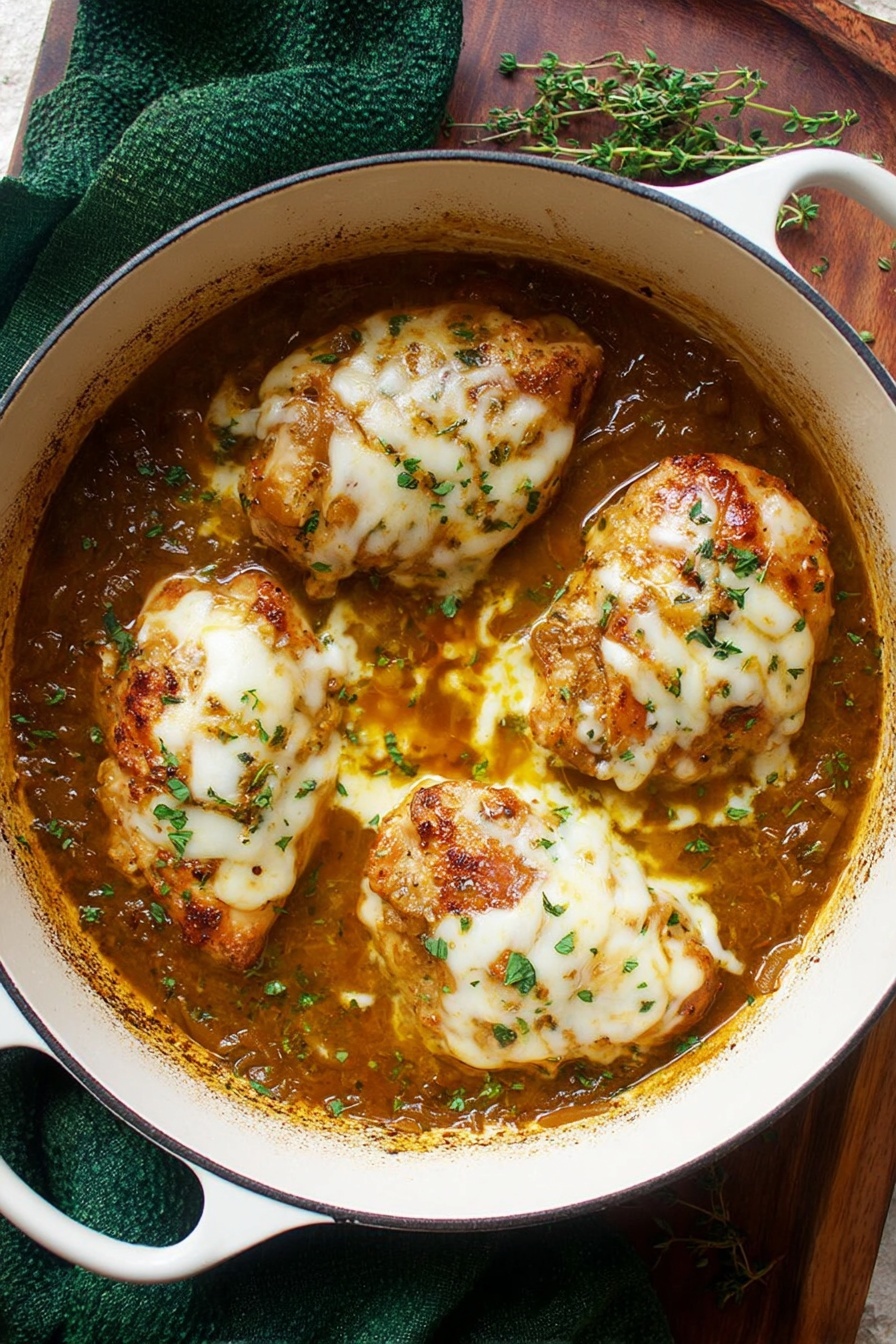 A white round pot filled with four golden brown chicken pieces covered in melted white cheese with light orange sauce drizzled on top, all sitting in a thick brown onion sauce mixed with small green herbs scattered around. The pot rests on a dark green cloth over a wooden board, and some extra green herbs are scattered near the pot. photo taken with an iphone --ar 2:3 --v 7