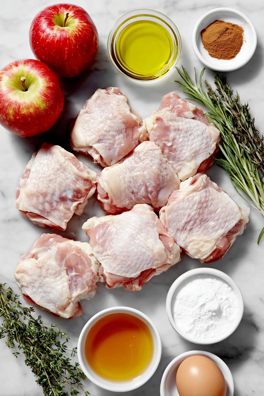 Flat lay of six raw boneless skinless chicken thighs evenly arranged, a small white bowl of golden olive oil, two whole Gala apples with red and yellow skin, thin slices of red onion in a small white bowl, a small white bowl of golden butter, two small white bowls with ground cinnamon and ground nutmeg powders, three fresh herb sprigs of thyme, rosemary, and sage, a small white bowl filled with amber honey, a small white bowl of pale apple cider vinegar, a small white bowl of smooth dijon mustard, a small white bowl of translucent apple juice, and one whole uncracked brown egg placed near a tiny white bowl of white cornstarch powder— all displayed with perfect symmetry on a clean white marble surface, soft natural light, photo taken with an iPhone, professional food photography style, fresh ingredients, white ceramic bowls, no bottles, no duplicates, no utensils, no packaging --ar 2:3 --v 7 --p m7354615311229779997