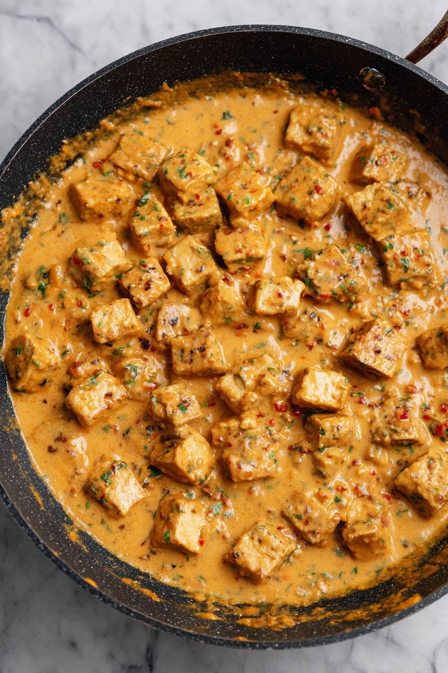 Marry Me Tofu - The image shows a pan filled with a creamy sauce that has a light orange color mixed with green herbs and small red bits. In the sauce, there are many evenly sized, light brown cubes that are partly covered by the sauce. The pan is round with a dark, patterned surface, and it sits on a white marbled background. The texture of the sauce looks thick and smooth with visible small pieces blending in photo taken with an iphone --ar 2:3 --v 7