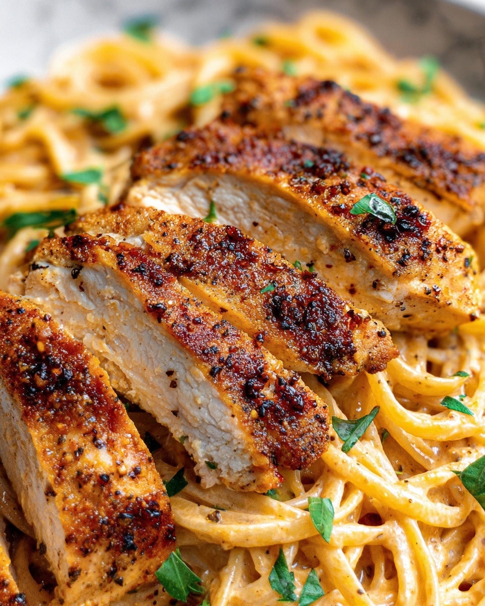 Cajun Chicken Pasta - The image shows a close-up of three slices of cooked chicken placed on top of a bed of spaghetti noodles. The chicken slices are golden brown with a slightly crispy texture and some black pepper seasoning visible on the surface. The spaghetti noodles underneath are light brown, coated in sauce, and mixed with small green herb leaves scattered throughout. The scene is set against a white marbled texture background. Photo taken with an iphone --ar 2:3 --v 7