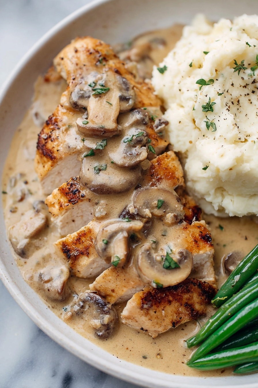 chicken with mushroom sauce - The image shows four cooked golden-brown chicken pieces covered with a thick, creamy mushroom sauce. The sauce has a light beige color with visible slices of mushrooms and small bits of black pepper. The chicken and sauce fill the frame, giving a close-up view of the texture, with fresh green herb bits sprinkled on top for contrast. The background is a white marbled texture. Photo taken with an iphone --ar 2:3 --v 7