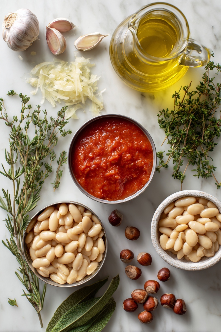 Flat lay of a small bottle of extra virgin olive oil with a small drizzle poured out, two garlic cloves—one large minced and one medium roughly chopped, one large brown onion finely chopped into small pieces, a few sprigs of fresh thyme and rosemary, a single fresh bay leaf, a small bowl of rich red tomato passata, four opened cans with heaps of drained white cannellini beans spilling out, a glass jug partially filled with golden vegetable stock, a loosely packed cup of fresh chopped parsley leaves, and a small pile of whole hazelnuts with skins on, all arranged naturally with some garlic skins and herb sprigs scattered lightly for texture, placed on a white marble surface, photo taken with an iphone --ar 2:3 --v 7