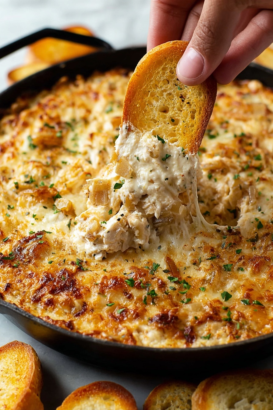 The image shows a close-up of a black pan filled with a baked dip that has a golden-brown top layer of melted cheese sprinkled with small green herb pieces. Underneath the cheese layer, there are visible chunks of cooked onions and creamy dip. A woman's hand is dipping a toasted, golden-brown slice of bread into the creamy mixture, lifting some of it from the pan. The background surface is a white marbled texture with more slices of toasted bread softly blurred behind the pan. photo taken with an iphone --ar 2:3 --v 7
