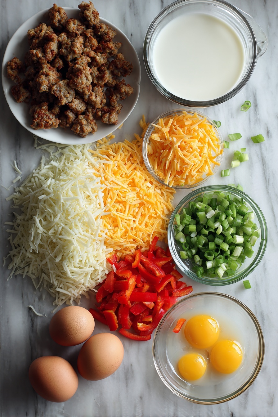 Flat lay of thawed frozen hash brown potatoes in a neat pile, spicy pork sausage broken into small browned chunks, bright chopped red bell peppers scattered artfully, fresh chopped green onions with vibrant green stalks, a generous heap of shredded cheddar cheese showcasing its rich orange color, whole milk poured into a small clear glass container, raw beaten eggs with their warm yellow hue swirled gently, all placed on a white marble surface, photo taken with an iphone --ar 2:3 --v 7