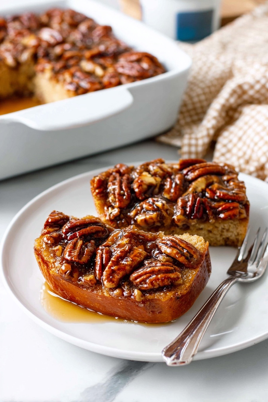 A white baking dish filled with slices of pecan pie, each slice topped with whole and halved glossy pecans in a thick golden-brown sticky syrup layer. The pie crust underneath is light brown and slightly crumbly, holding the sugary filling, while a silver spoon lifts one slice showing its texture and shiny pecans close up. The background is a white marbled surface and a blurred white bowl can be seen in the distance. Photo taken with an iphone --ar 2:3 --v 7