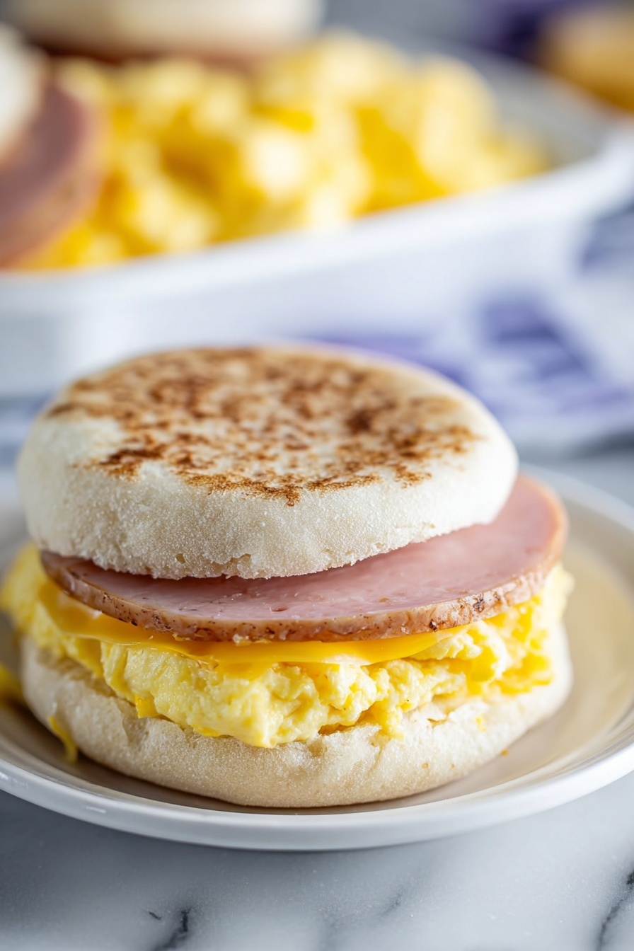 A close-up view of a breakfast sandwich on a white plate with a white marbled surface beneath. The sandwich consists of three main layers: at the bottom, a soft, lightly toasted English muffin with a fluffy texture; in the middle, a folded yellow scrambled egg layer with a slightly moist and creamy appearance; on top of the egg is a round, smooth slice of pink ham; the sandwich is covered with the top half of the English muffin, which is browned and textured. In the blurred background, another sandwich and a dish filled with scrambled eggs can be seen. Photo taken with an iphone --ar 2:3 --v 7