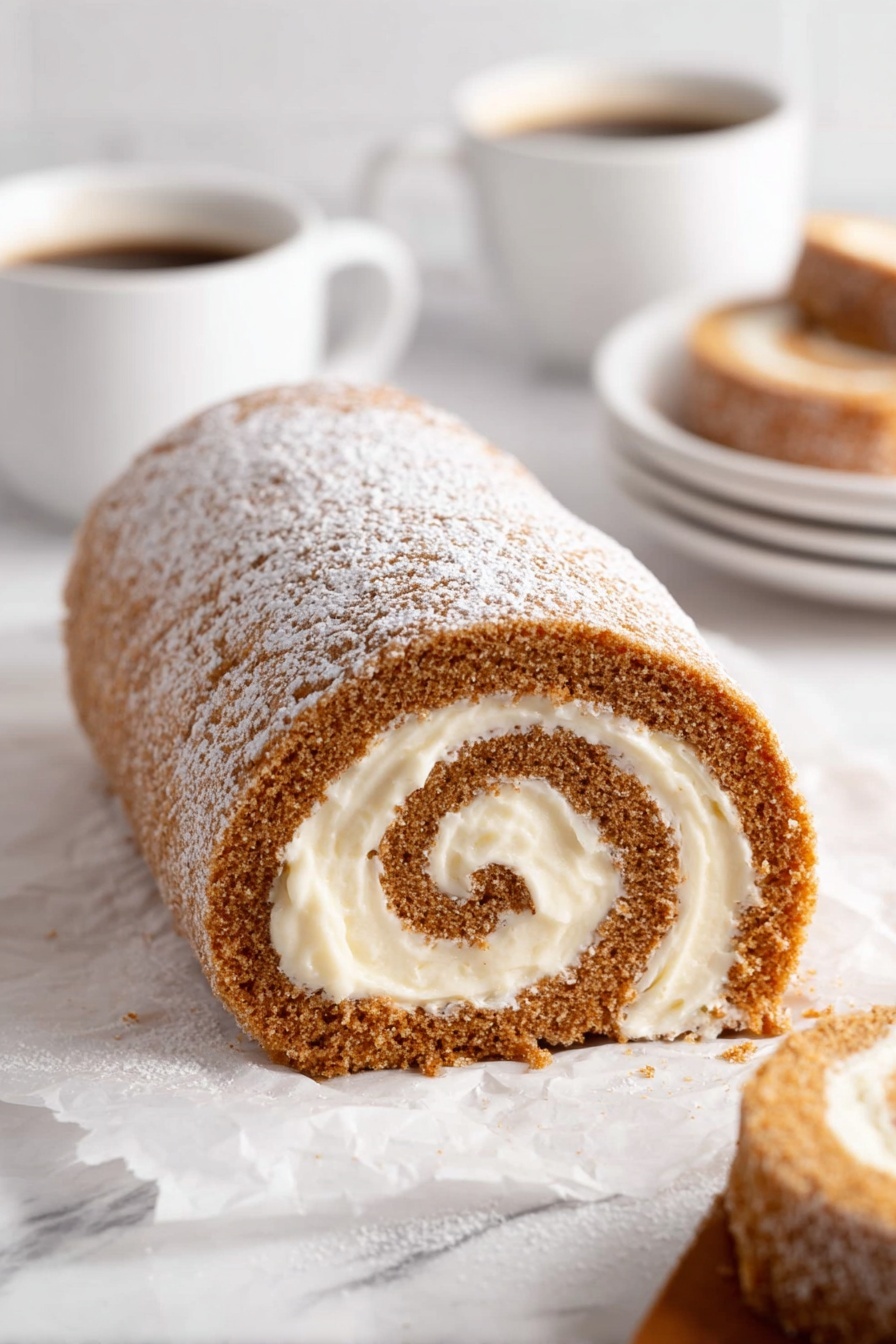 Three slices of brown cake roll with a thick white cream swirl inside are stacked inside a shiny blue plate. The cake texture looks soft and slightly crumbly while the cream is smooth and dense. Behind the plate, there is a white rectangular plate holding the rest of the cake roll. To the left of the plate, there is a white cup filled with black coffee. The setting is on a white marbled surface with a piece of black and white cloth partially visible in the corner. photo taken with an iphone --ar 2:3 --v 7
