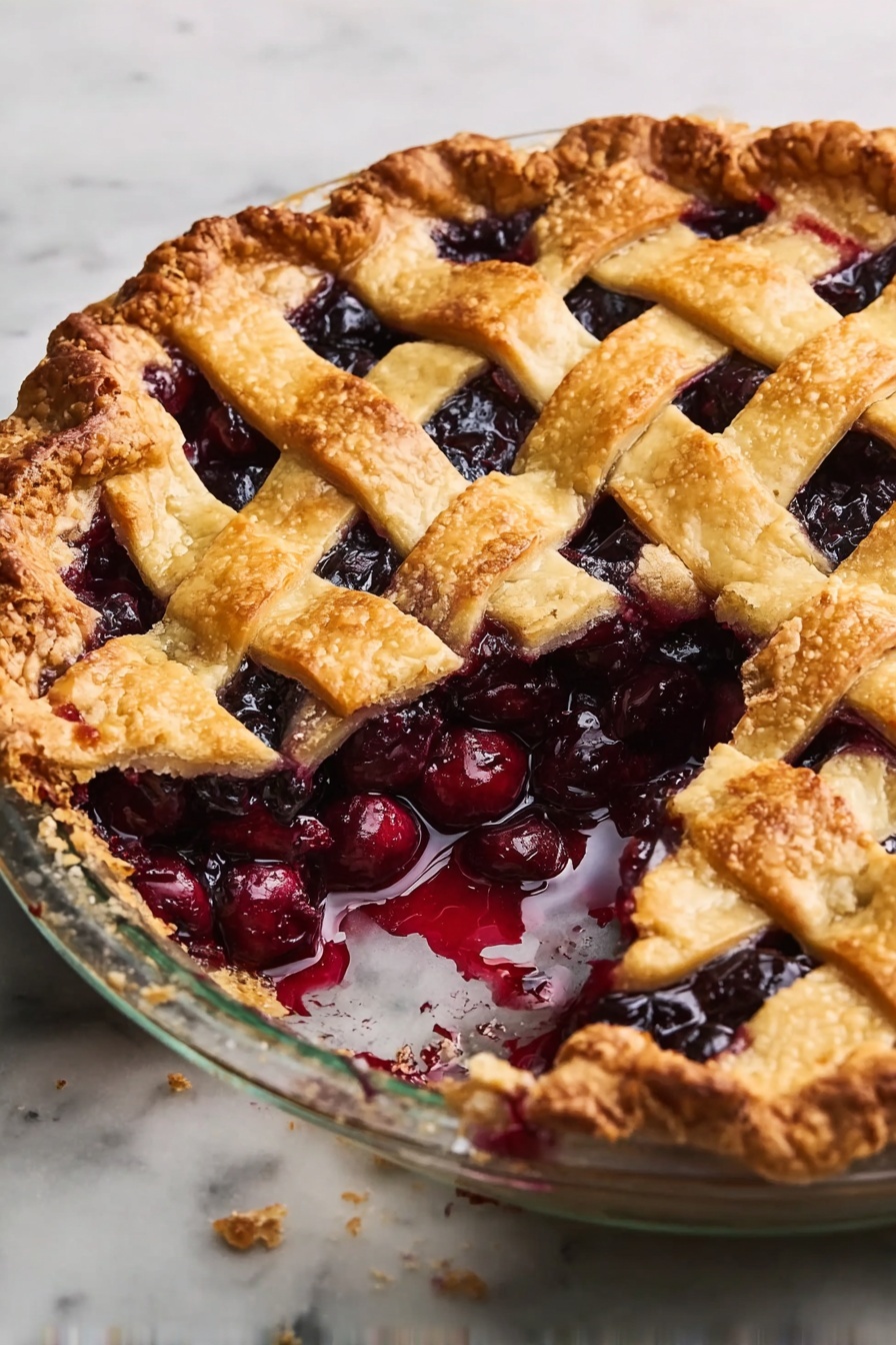 A round pie with a golden brown lattice crust on top, showing dark purple blueberry filling that looks thick and shiny beneath. The crust edges are wavy and slightly raised, with a crisp texture. The lattice strips on top are wide, evenly spaced, and have a light golden color with some darker toasted spots. The pie sits directly on a white marbled surface. photo taken with an iphone --ar 2:3 --v 7