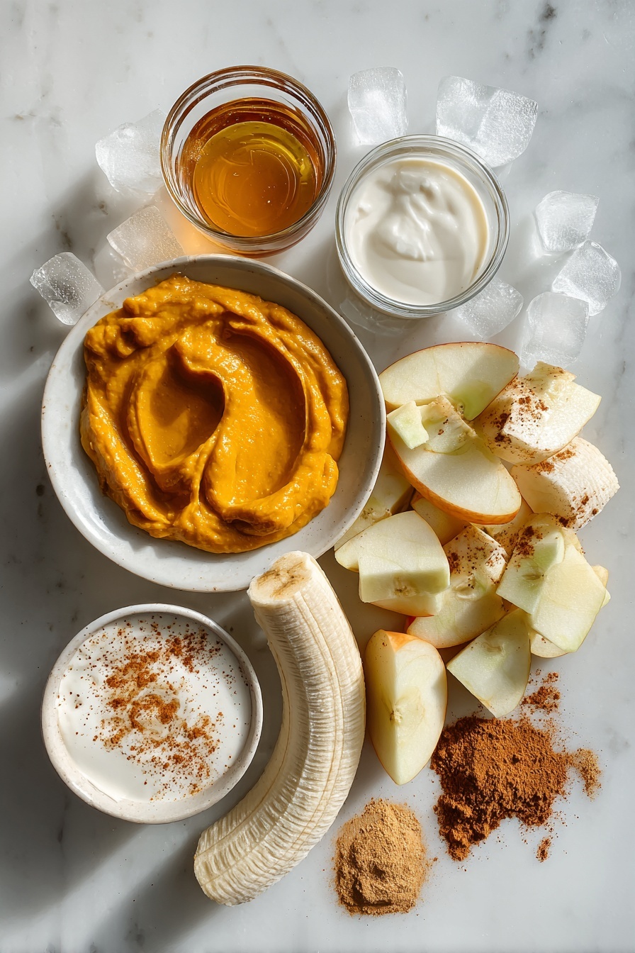 Flat lay of vibrant pumpkin purée dollops, a peeled frozen banana sliced lengthwise, juicy apple chunks with skin on, creamy Greek yogurt in a soft mound, a small glass of almond milk, a drizzle of amber maple syrup, a scattering of warm pumpkin pie spice and ground cinnamon powders, and sparkling ice cubes, all beautifully arranged in harmony and contrast, placed on a white marble surface, photo taken with an iphone --ar 2:3 --v 7
