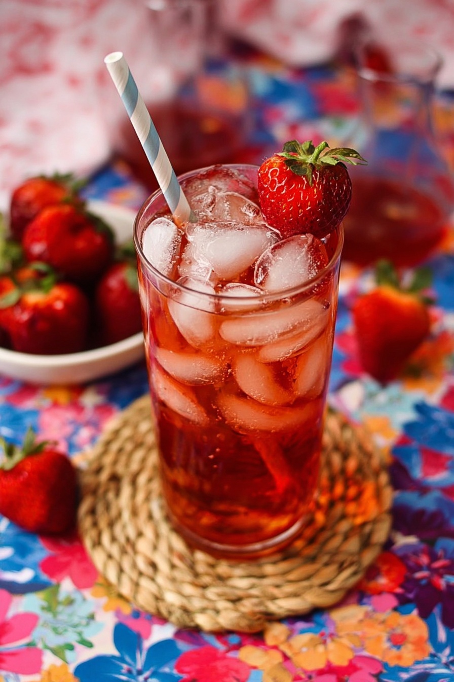 Two tall clear glasses with a dark red drink inside, filled with many small ice cubes that create a textured icy layer on top. Each glass is garnished with a half strawberry on the rim and a blue and white striped straw. The glasses sit on round woven coasters placed on a colorful floral cloth with red, yellow, pink, blue, and white flowers. Fresh whole strawberries are scattered around the glasses. The background shows a white basket filled with more strawberries and a blurred large yellow flower. The surface is a white marbled texture. Photo taken with an iphone --ar 2:3 --v 7