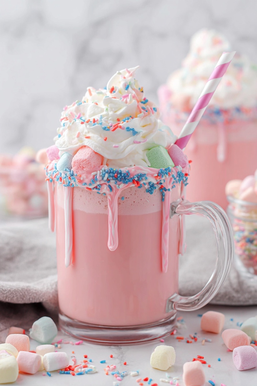 The image shows a tall pink milkshake in a clear glass mug with a handle. The milkshake is topped with a big swirl of white whipped cream that rises high above the rim. On top of the whipped cream are small colorful mini marshmallows in light green, orange, pink, and purple. Pink syrup is drizzled over the whipped cream and marshmallows, dripping down the side of the glass. Around the rim of the glass there are blue and pink sprinkles stuck to a white frosting or cream layer. A pink and white striped paper straw sticks out from the whipped cream on the right side. The background has a white marbled texture. Photo taken with an iphone --ar 2:3 --v 7