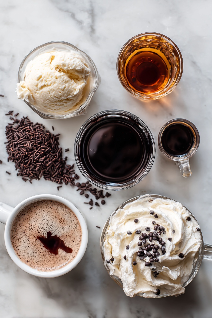 Flat lay of a scoop of creamy vanilla ice cream, a generous swirl of whipped cream, glossy chocolate syrup drizzles, shiny dark chocolate sprinkles, small piles of mini chocolate chips, a rich cup of steaming hot chocolate, a small glass of amber Kahlua, and a bottle of dark crème de cacao liqueur, all beautifully arranged with natural light on a white marble surface, photo taken with an iphone --ar 2:3 --v 7