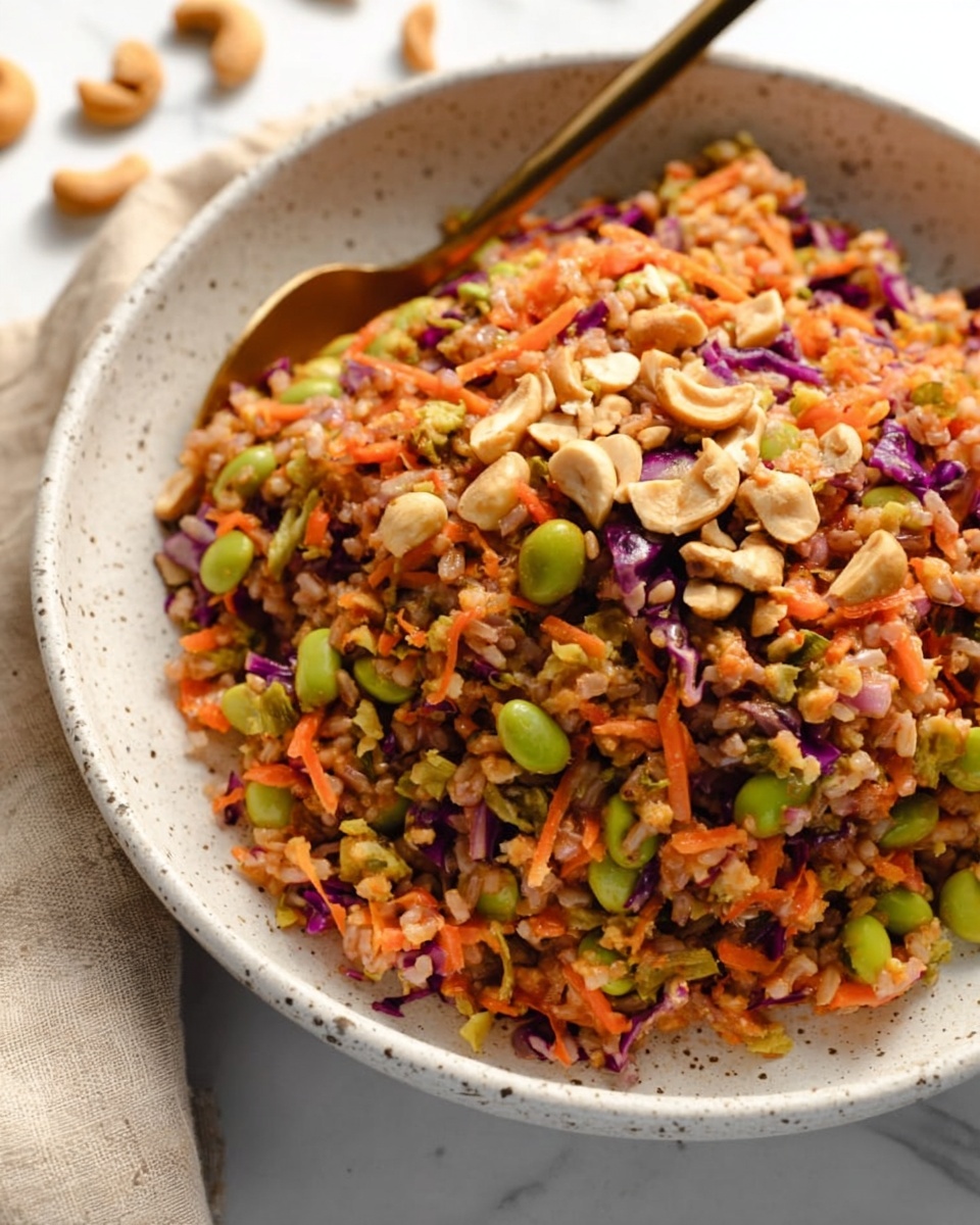 A close-up view of a white speckled bowl filled with a colorful mixed salad consisting of several layers of ingredients. The base layer appears to be brown rice or a similar grain, mixed evenly throughout with orange shredded carrots, green edamame beans, small pieces of purple cabbage, and light brown peanuts spread across the salad. The textures vary from soft grains to crunchy vegetables and beans. Two gold and black spoons rest on the bowl's edge, lying on a white marbled surface with some scattered cashews nearby. The lighting highlights the fresh and vibrant colors of the salad ingredients. Photo taken with an iphone --ar 2:3 --v 7