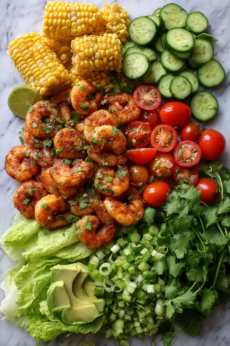 Flat lay of large peeled shrimp seasoned with smoked paprika and herbs, charred golden corn kernels, fresh grape tomatoes halved showing their juicy interior, thinly sliced mini cucumbers with crisp edges, creamy avocado slices, chopped green onions, bright green cilantro leaves, and crisp romaine lettuce leaves arranged in layers, all placed on a white marble surface, photo taken with an iphone --ar 2:3 --v 7