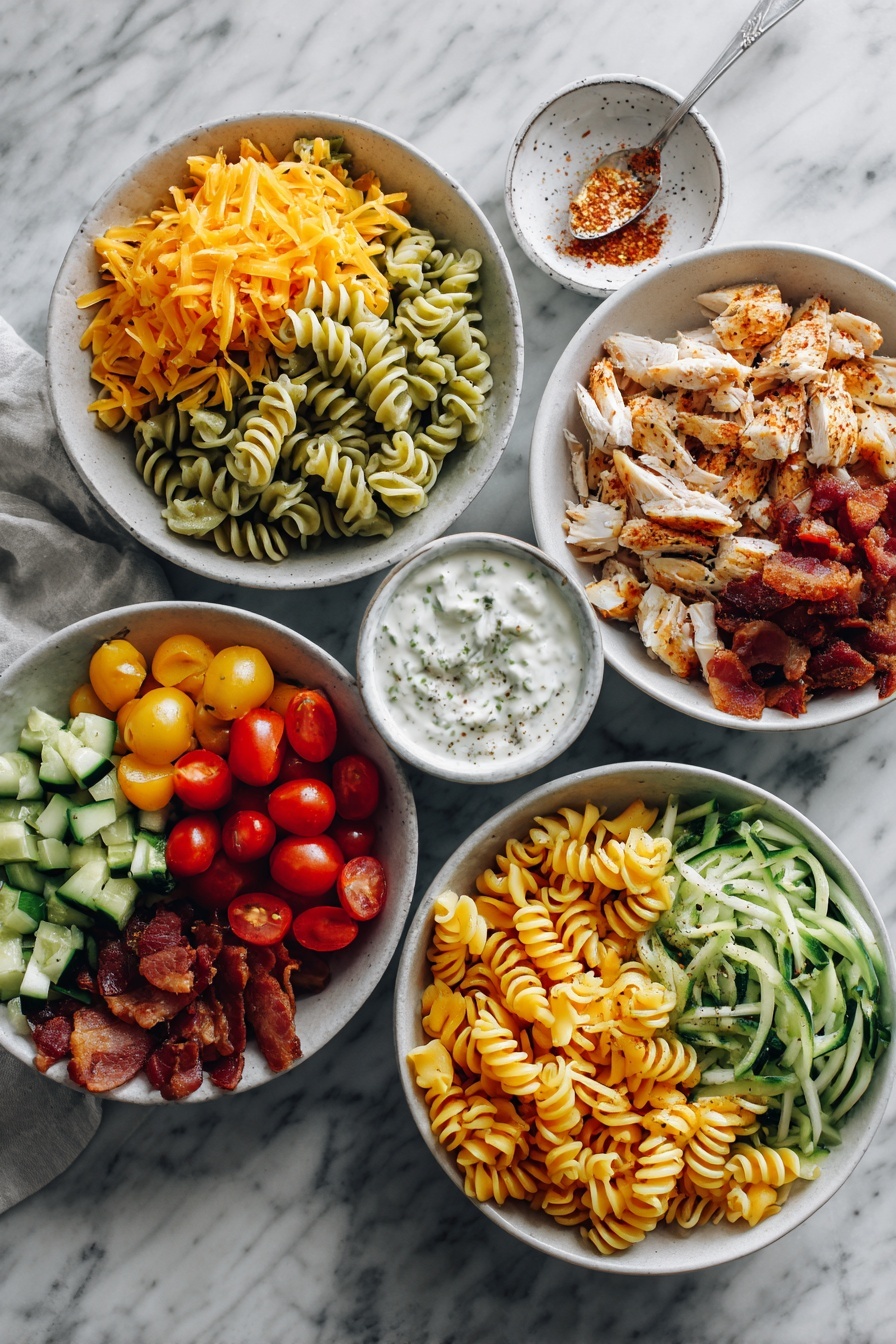 Flat lay of spiral veggie pasta, chopped rotisserie chicken, shredded sharp cheddar cheese, halved cherry tomatoes, crispy diced bacon, and shredded zucchini arranged neatly in small piles, with a small bowl of creamy ranch dressing garnished with a sprinkle of paprika nearby, all placed on a white marble surface, photo taken with an iphone --ar 2:3 --v 7