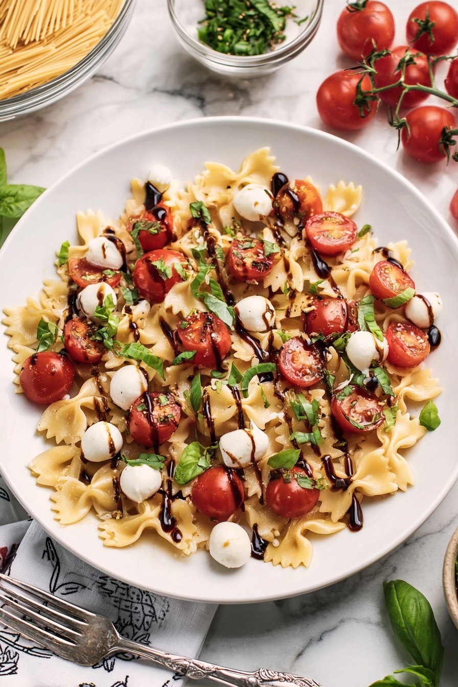 The image shows a white plate filled with a cold pasta salad made of light yellow bow tie pasta as the base layer. On top are bright red cherry tomatoes, some whole and some sliced in half, scattered across the pasta. Small round white mozzarella balls are mixed throughout, adding a creamy contrast. Thin green strips of fresh basil are sprinkled over everything. A dark brown balsamic glaze is drizzled slightly over the top, adding a shiny texture. In the background on a white marbled surface, there is a clear glass bowl with more pasta salad and a small jar with dark balsamic sauce and a spoon inside. A spoon is holding a scoop of the salad, showing all layers up close. Photo taken with an iphone --ar 2:3 --v 7