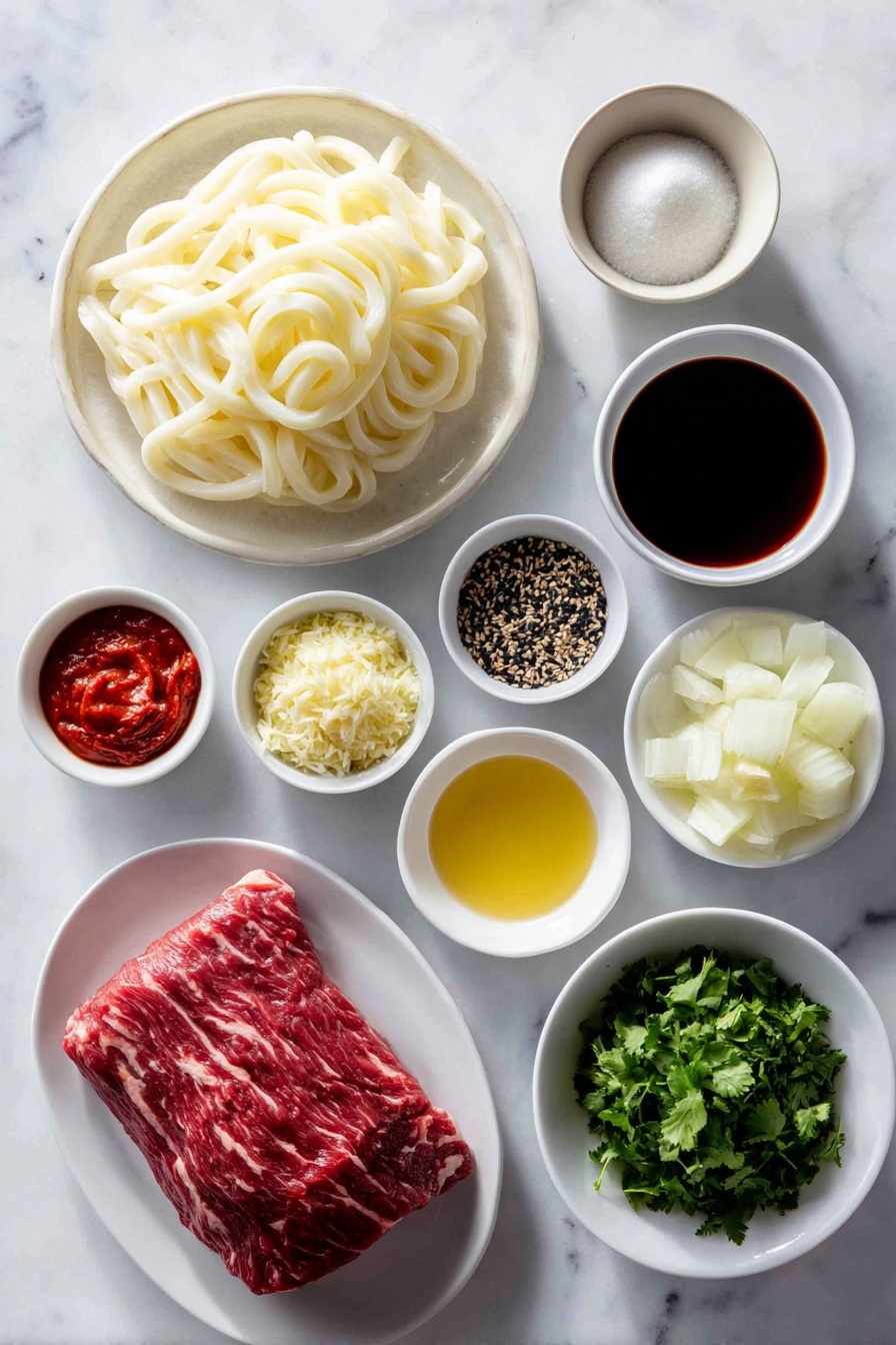Flat lay of a peeled large white onion, a small white bowl of bright red gochujang paste, a small white bowl of dark soy sauce, a small white bowl of clear rice vinegar, a small white bowl of packed light brown sugar, a small white bowl of golden garlic-ginger paste, a small white bowl of deep red tomato paste, a small white bowl of dark beef stock, a piece of fresh raw ox cheek beef with marbled fat, four bundles of pale creamy udon noodles, a small pile of roughly chopped fresh green coriander leaves, and a small white bowl of black sesame seeds, arranged symmetrically on a clean white marble surface, soft natural light, photo taken with an iPhone, professional food photography style, fresh ingredients, white ceramic bowls, no bottles, no duplicates, no utensils, no packaging --ar 2:3 --v 7 --p awthu7i m7354615311229779997