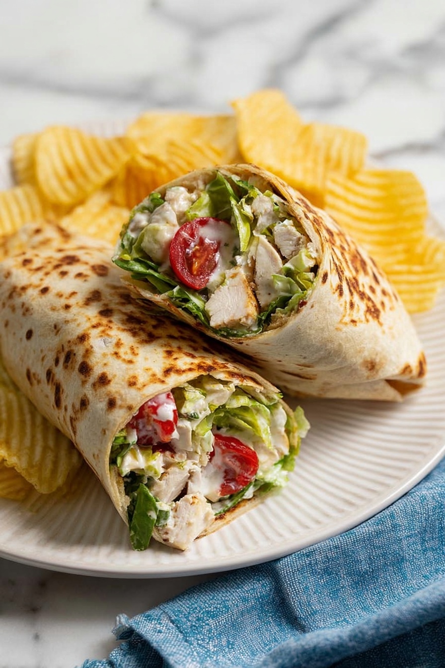 Two halves of a toasted wrap lie side by side on a white plate with gentle ridges. The wrap’s outer layer is golden brown with some dark spots from toasting. Inside, layers of green lettuce, white chunks of chicken, and red cherry tomatoes are visible, mixed with creamy white sauce. Around the wrap halves, there are a few ridged yellow potato chips scattered on the plate. The plate sits on a white marbled surface with a blue cloth partially visible on the side. photo taken with an iphone --ar 2:3 --v 7