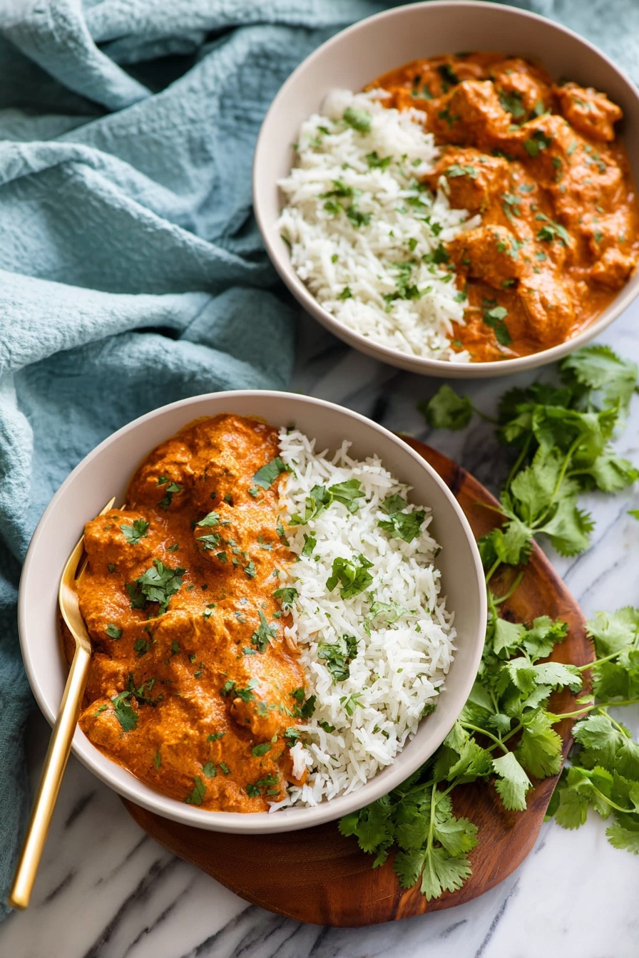 Two white bowls sit on a white marbled surface, each filled with two layers: on one side, fluffy white rice with a soft texture, and on the other, a creamy orange curry with small chunks of meat coated in sauce. Bright green cilantro leaves are scattered on top of the curry and rice, adding a fresh color contrast. A gold fork rests beside the front bowl on a wooden board, and fresh cilantro leaves are placed next to the board. A soft, light blue cloth is draped casually in the background. Photo taken with an iphone --ar 2:3 --v 7