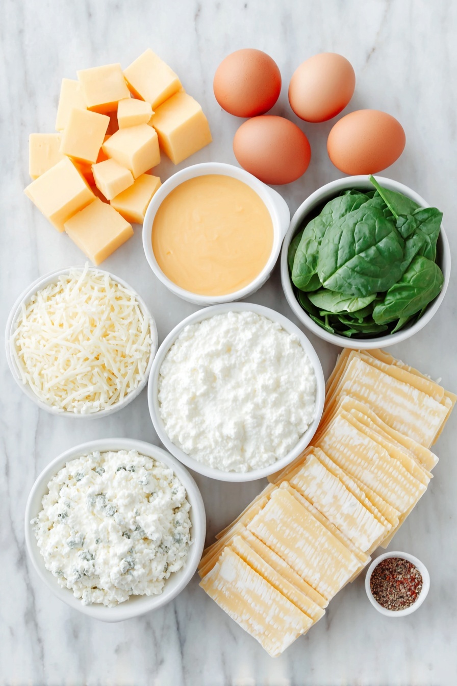 Flat lay of peeled butternut squash cubes and a small white bowl of smooth orange butternut squash puree, fresh bright green spinach leaves and a simple white bowl with cooked spinach, two whole brown eggs with clean shells, a small white bowl of creamy white ricotta cheese, a small white bowl of shredded mozzarella cheese, a small white bowl of grated Parmesan cheese, two whole garlic cloves, three uncooked flat rectangular lasagna noodles arranged neatly, and small white bowls containing milk, Italian seasoning, paprika, and dried basil placed on a clean white marble surface, soft natural light, photo taken with an iPhone, professional food photography style, fresh ingredients, white ceramic bowls, no bottles, no duplicates, no utensils, no packaging --ar 2:3 --v 7 --p m7354615311229779997