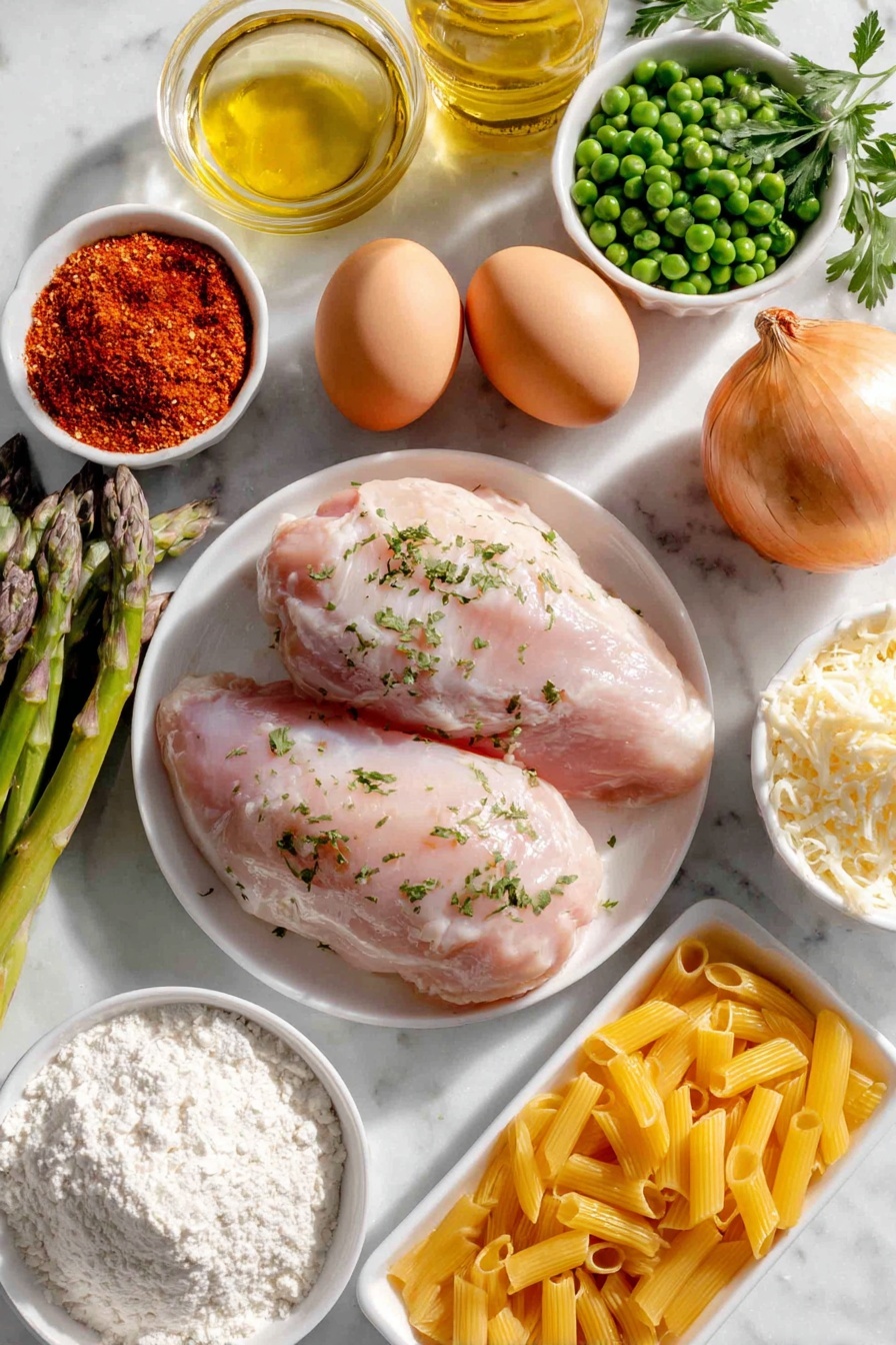 Flat lay of fresh whole chicken breasts, two brown eggs with clean shells, a small white ceramic bowl of bright red chipotle chili powder, a small white ceramic bowl with ground cumin, smoked paprika, onion powder, and garlic powder mixed, a few sprigs of fresh parsley and cilantro, a fresh yellow onion with papery skin partially peeled, thinly sliced red and yellow bell peppers arranged neatly on a simple white ceramic plate, a handful of fresh green asparagus cut into 1-inch pieces, a small white ceramic bowl filled with frozen petite peas, a small white ceramic bowl with golden olive oil, a small white ceramic bowl with clear lime juice, a small white ceramic bowl with smooth unsalted butter, a small white ceramic bowl of fine white flour, a pile of uncooked penne pasta, a small white ceramic bowl of shredded sharp cheddar cheese, a small white ceramic bowl of grated Parmesan cheese, and a small white ceramic bowl with low sodium chicken broth, all placed on a clean white marble surface, soft natural light, photo taken with an iPhone, professional food photography style, fresh ingredients, white ceramic bowls, no bottles, no duplicates, no utensils, no packaging --ar 2:3 --v 7 --p m7354615311229779997