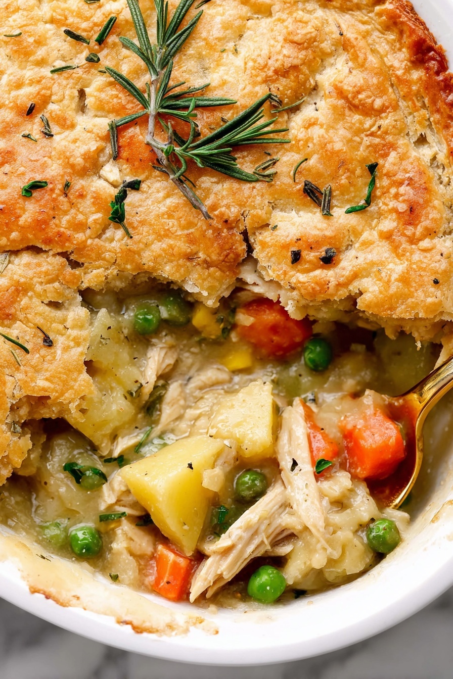 The image shows a round savory pie with a thick, golden-brown crust that has a crimped edge. The top crust is flaky with a slightly shiny finish and a few small sprigs of green herbs on it. A slice is removed, revealing the inside filled with a creamy mix of light brown shredded meat, white and yellow potato chunks, orange carrot pieces, and green peas mixed together. The pie is placed in a white dish on a white marbled surface, with a gold spoon inside the filling. Some scattered green herbs are around the pie next to a beige and striped cloth. Photo taken with an iphone --ar 2:3 --v 7