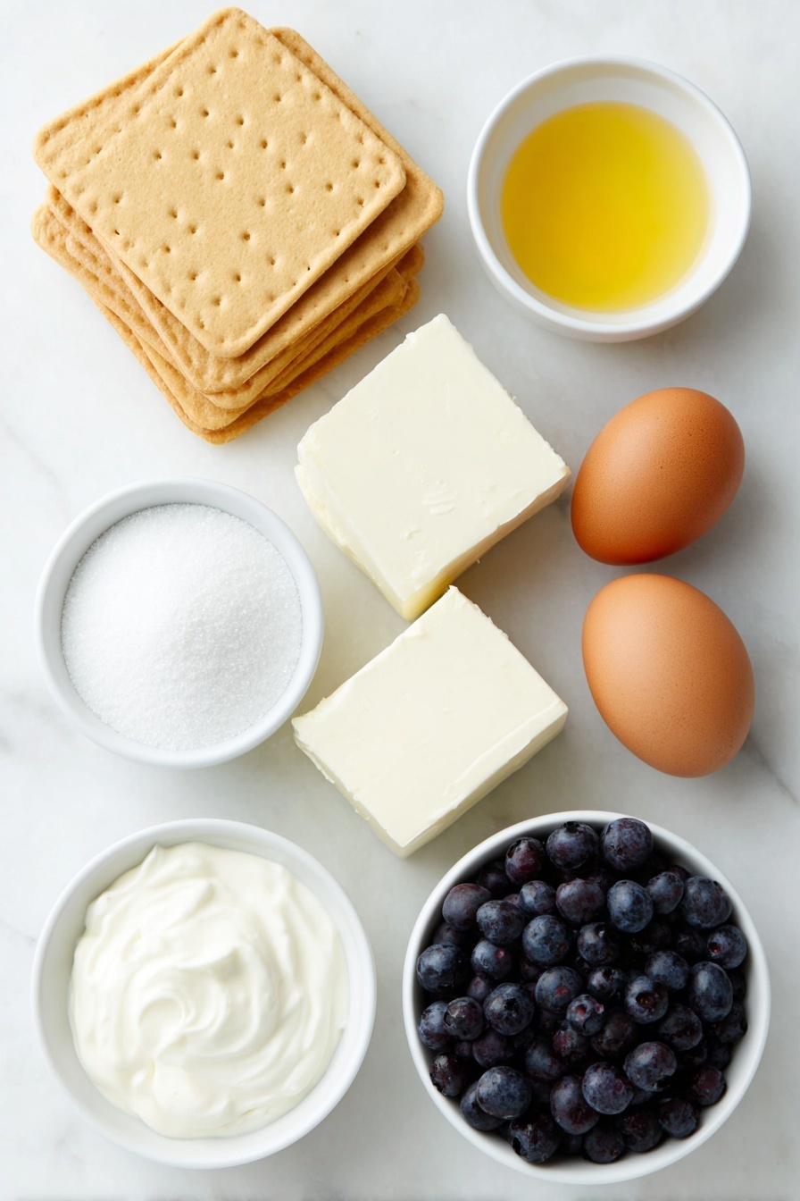 Flat lay of a small stack of golden vanilla wafers, a few tablespoons of granulated sugar in a small white ceramic bowl, a small white bowl with melted golden butter, two blocks of smooth cream cheese, two whole brown eggs with clean shells, one whole brown egg with clean shell, a small white bowl filled with white granulated sugar, a small white bowl of thick white sour cream, a small white bowl with clear vanilla extract, and a small white ceramic bowl filled with fresh plump blueberries clustered together, all arranged symmetrically and proportionally, placed on a clean white marble surface, soft natural light, photo taken with an iPhone, professional food photography style, fresh ingredients, white ceramic bowls, no bottles, no duplicates, no utensils, no packaging --ar 2:3 --v 7 --p m7354615311229779997