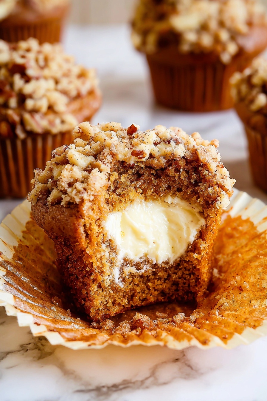 A close-up of a muffin with three visible layers: the bottom layer is a moist brown cake with a soft texture, the middle layer is a creamy white filling that looks smooth and thick, and the top layer is a crumbly streusel topping made of small brown and tan crumbs with bits of nuts scattered. The muffin liner is pulled down, showing the inside of the muffin. Other muffins with similar layers are blurred in the background, all placed on a white marbled surface. Photo taken with an iphone --ar 2:3 --v 7
