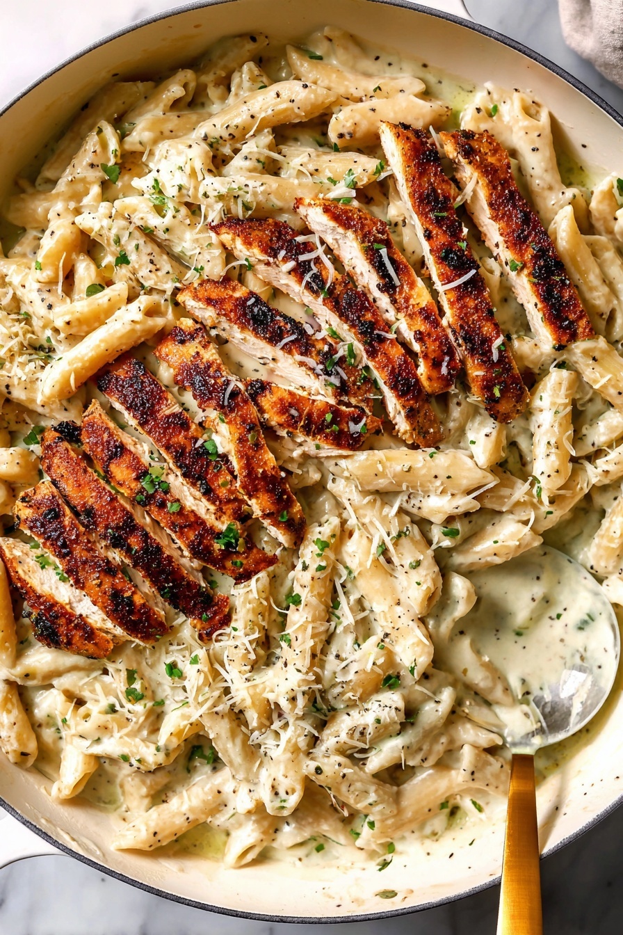 A large white pan filled with creamy white sauce-coated penne pasta, speckled with black pepper and green herbs, creating a smooth and rich textured base layer. On top, several slices of grilled chicken with a golden brown, slightly charred crust are arranged in two layered rows across the middle of the pasta. The chicken is sprinkled with grated cheese and small green parsley bits, adding a touch of color and texture contrast. A metal spoon with a golden handle dips into the right bottom side of the pasta, partly under the chicken slices. The whole scene is set on a white marbled surface. photo taken with an iphone --ar 2:3 --v 7