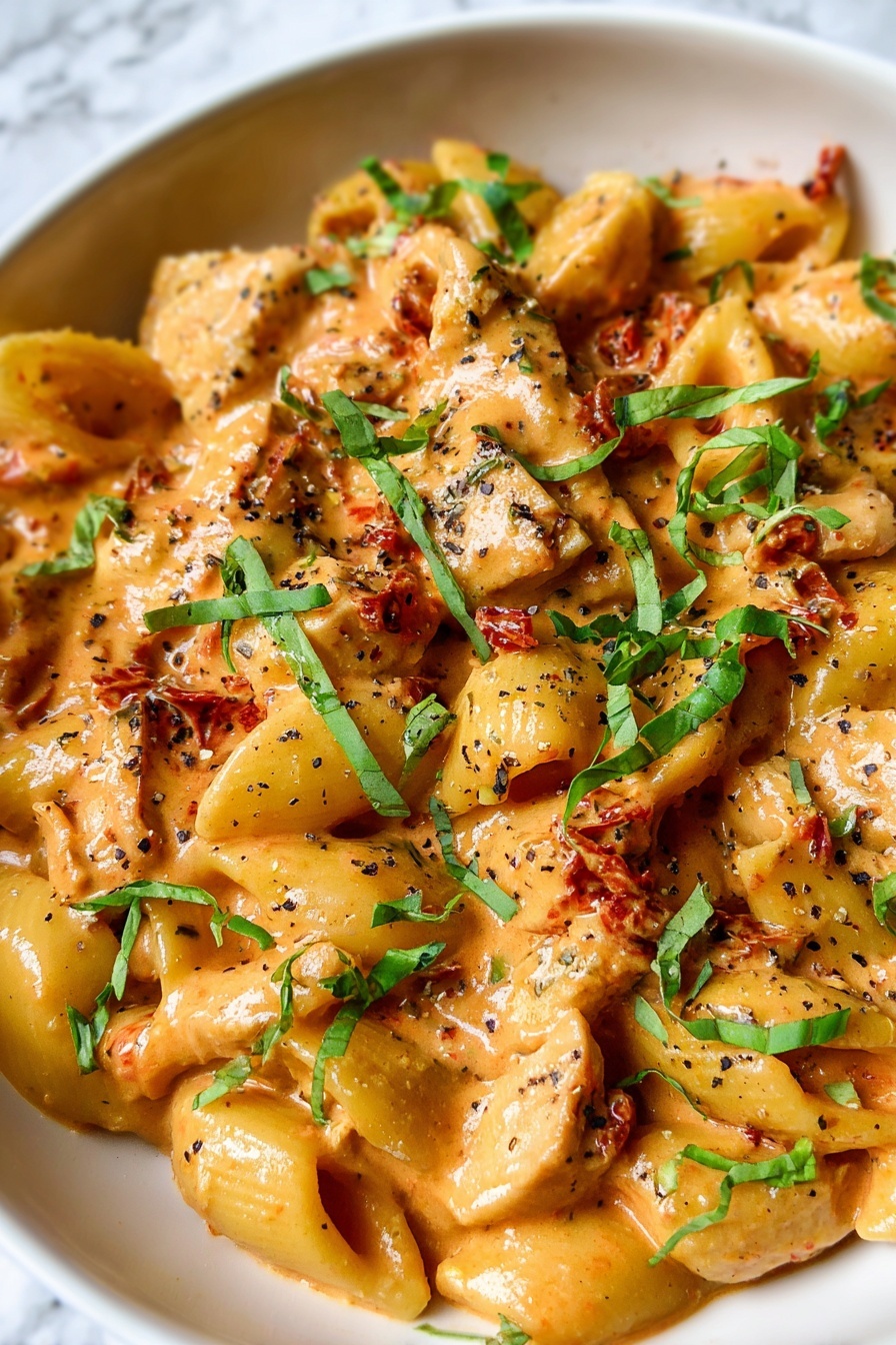 A white pot filled with creamy orange pasta made of penne noodles mixed with light brown cubes of cooked chicken and red sun-dried tomato pieces. The sauce looks smooth and thick, covering every part of the pasta and chicken. Small green herb pieces and a few fresh basil leaves sit on the top, adding bright green color. A wooden spoon is partly visible on the right side, resting inside the pot on top of the pasta. The pot sits on a white marbled surface with some scattered basil leaves around it and bowls of grated cheese and red pepper flakes nearby. photo taken with an iphone --ar 2:3 --v 7