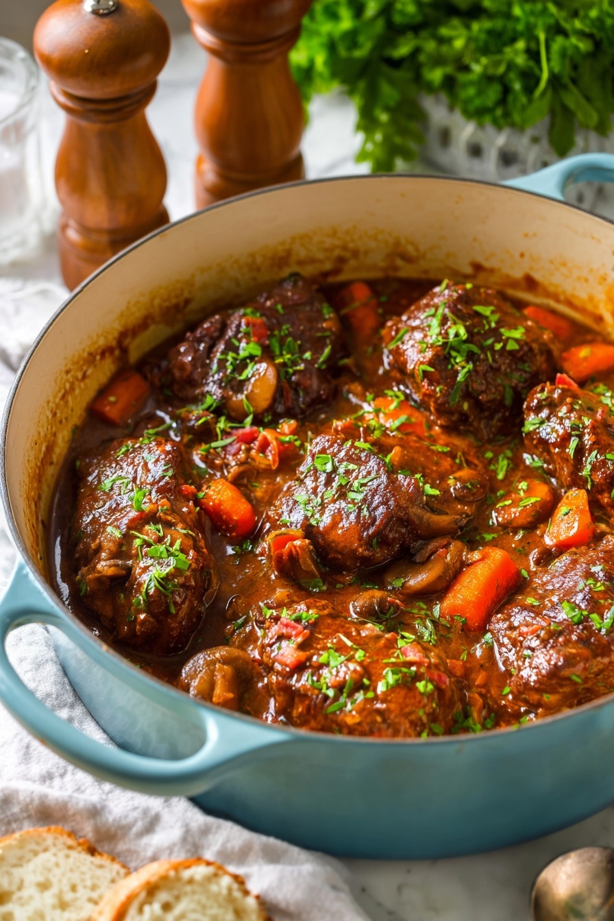 A large light blue round pot filled with seven brown cooked meat pieces layered with a shiny sauce on top. Inside the sauce, there are orange carrot pieces and slices of brown mushrooms mixed with small bits of cooked bacon. Fresh green chopped herbs are sprinkled over the meat and sauce, adding a bright contrast. The pot is placed on a white marbled surface with a white cloth napkin nearby, and in the background, there are two wooden pepper mills and fresh green parsley. Photo taken with an iphone --ar 2:3 --v 7