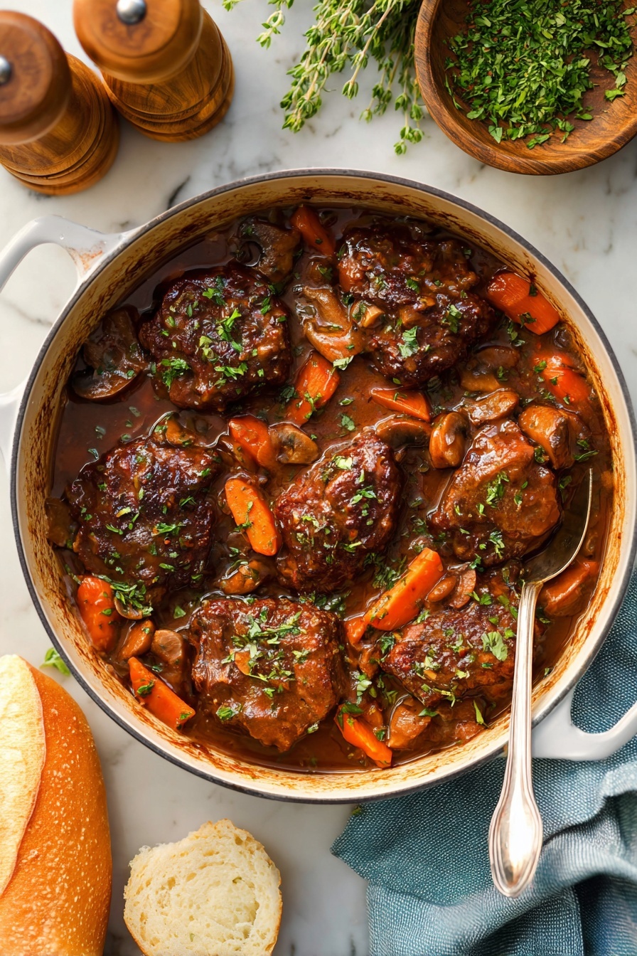 A white round pot shows seven pieces of cooked brown meat covered in thick brown sauce, mixed with orange carrot chunks and sliced brown mushrooms. Fresh green chopped herbs are scattered on top of the meat and sauce. The pot sits on a white marbled surface with a silver spoon inside on the right, resting on a folded blue cloth. Two pieces of torn bread and one long bread roll are placed at the bottom. Nearby, a wooden bowl filled with green herbs and two wooden grinders can be seen at the top left. Photo taken with an iphone --ar 2:3 --v 7