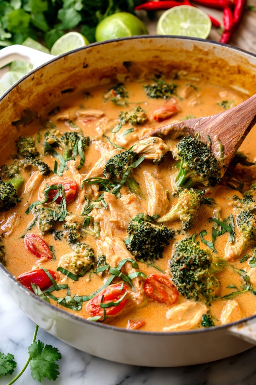 A close-up view of a creamy orange curry dish in a large white pot, showing about three layers: a thick sauce with a smooth texture, chunks of bright green broccoli, and pieces of red tomatoes and light brown chicken slices mixed throughout. Fresh green herbs like basil and parsley are sprinkled on top, adding color contrast. A wooden spoon is partially submerged on the right side, lifting a portion of the curry. The dish sits on a white marbled surface with a few cilantro leaves scattered around, and the top background has some blurred red chili slices and green limes. photo taken with an iphone --ar 2:3 --v 7
