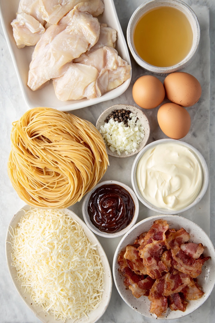 Flat lay of boneless, skinless chicken breasts, a few cubes of butter, a small pile of chopped fresh garlic, coarse salt and cracked black peppercorns on a white ceramic plate, broken uncooked spaghetti noodles arranged neatly on a white ceramic dish, a small white bowl of golden chicken broth, a small white bowl filled with creamy heavy cream, a small white bowl holding rich reddish-brown BBQ sauce, a small mound of shredded parmesan cheese on a white ceramic plate, several strips of cooked and chopped crispy bacon on a white ceramic plate, whole uncracked brown eggs artistically placed nearby, all arranged in perfect symmetry, placed on a clean white marble surface, soft natural light, photo taken with an iPhone, professional food photography style, fresh ingredients, white ceramic bowls, no bottles, no duplicates, no utensils, no packaging --ar 2:3 --v 7 --p m7354615311229779997