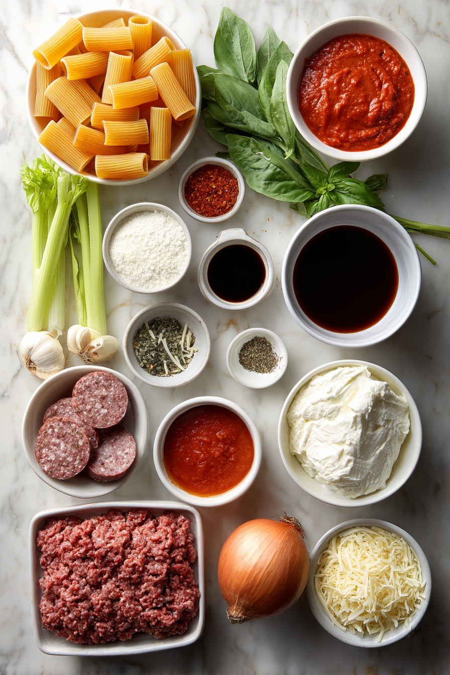 Flat lay of dry uncooked ziti pasta tubes, a small white ceramic bowl of bright red crushed tomatoes in puree, a small white ceramic bowl of deep red tomato sauce, a small white ceramic bowl of rich red tomato paste, fresh whole brown onion bulb, a small white ceramic bowl of diced orange carrot cubes, a fresh celery stalk with leaves, a small white ceramic bowl filled with peeled garlic cloves, a small white ceramic bowl of dark red chili flakes, raw lean ground beef portion, raw mild Italian sausage meat formed in a natural shape, a small white ceramic bowl of soy sauce, a small white ceramic bowl of granulated white sugar, a small white ceramic bowl of balsamic vinegar, a fresh bay leaf, a small white ceramic bowl containing a mix of dried basil, dried parsley, dried oregano, dried thyme, salt, black pepper, a large white ceramic bowl of whole milk ricotta cheese, a small white ceramic bowl of sour cream, one whole clean white egg, a small white ceramic bowl of chopped fresh basil leaves, a small white ceramic bowl of freshly shredded mozzarella cheese, a small white ceramic bowl of freshly grated Parmesan cheese, arranged symmetrically and proportionally on a clean white marble surface, soft natural light, photo taken with an iPhone, professional food photography style, fresh ingredients, white ceramic bowls, no bottles, no duplicates, no utensils, no packaging --ar 2:3 --v 7 --p m7354615311229779997