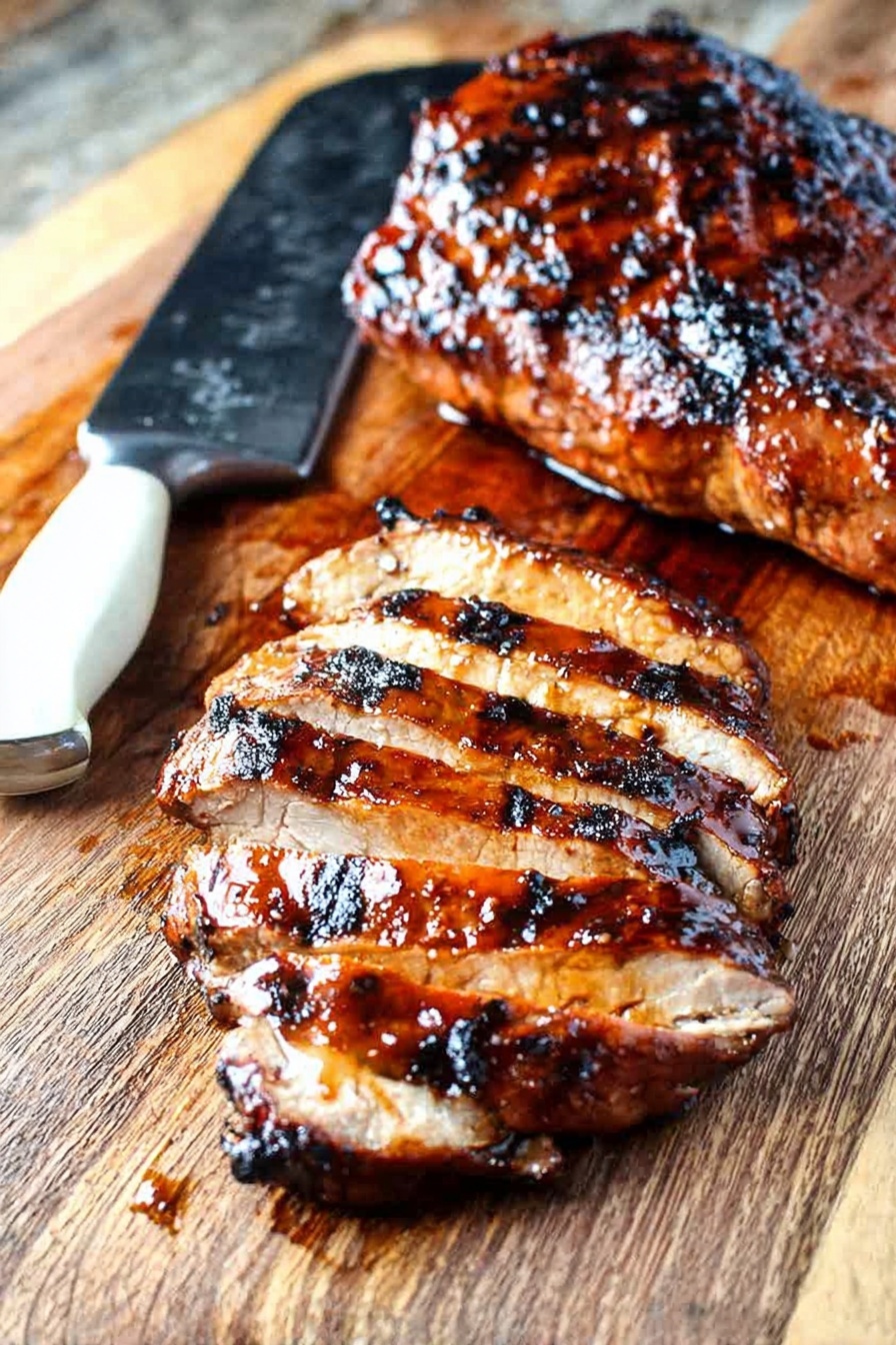 The image shows close-up grilled chicken slices arranged in a row. Each slice has a thick, juicy texture with a shiny, caramelized brown glaze covering the surface. The glaze has dark charred spots scattered on the top part, giving it a textured, slightly rough look. The chicken meat inside is light beige with a smooth, tender texture and visible juiciness. The slices are placed on a wooden surface, but the background is changed to a white marbled texture. photo taken with an iphone --ar 2:3 --v 7