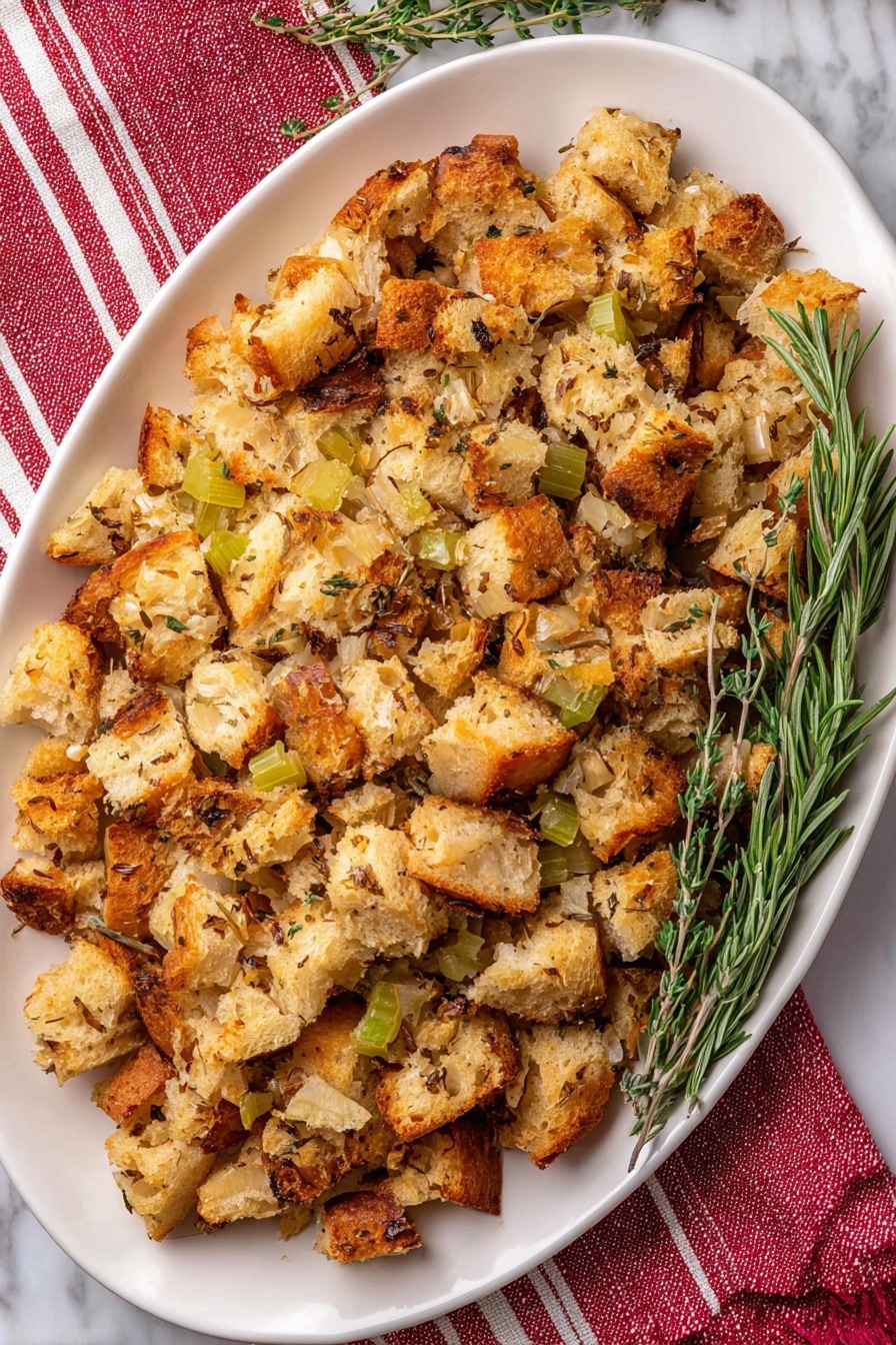 A close-up view of a baked stuffing dish in a white ceramic Staub baking dish, showing a single textured layer made of golden brown toasted bread pieces mixed with finely chopped celery and herbs. The bread chunks have crispy edges with a soft, crumbly inside, and the celery bits add a light green color scattered evenly throughout. The surface looks slightly uneven with a crunchy, browned texture contrasting the moist interior. The baking dish sits on a white marbled texture background with a few green leaves partially visible. Photo taken with an iphone --ar 2:3 --v 7