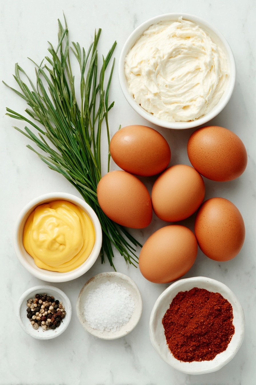 Flat lay of six whole brown eggs, a small white ceramic bowl of creamy mayonnaise, a small white ceramic bowl with smooth yellow dijon mustard, a small white ceramic bowl of bright red paprika powder, a small white ceramic bowl of fine black pepper, a small white ceramic bowl of coarse salt crystals, a few fresh green chive sprigs arranged neatly, all placed on a clean white marble surface, soft natural light, photo taken with an iPhone, professional food photography style, fresh ingredients, white ceramic bowls, no bottles, no duplicates, no utensils, no packaging --ar 2:3 --v 7 --p m7354615311229779997