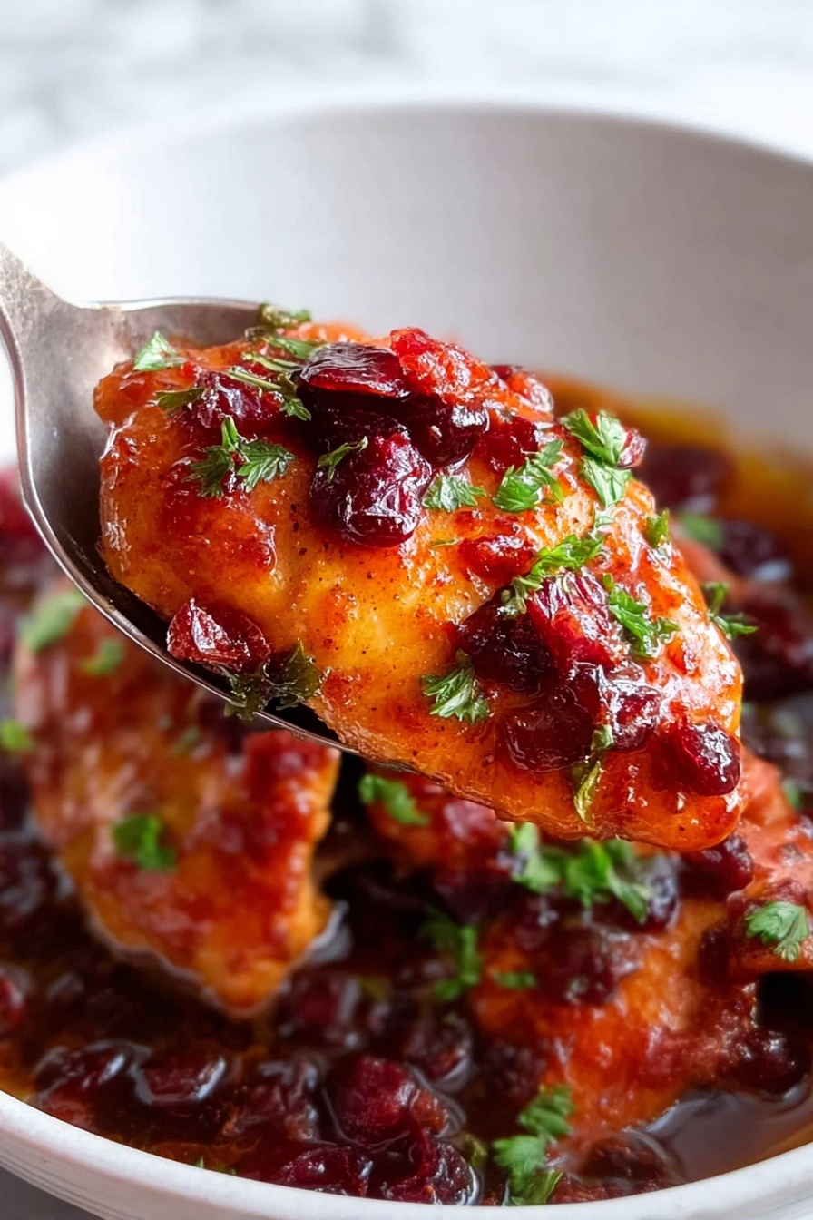 The image shows a close-up of a single piece of cooked chicken on a spoon, coated in a thick, glossy, dark red sauce with chunks of what appear to be dried cranberries or similar berries. The chicken is golden-brown and moist, with fresh green parsley leaves sprinkled on top for contrast. The spoon is lifting the chicken from a white bowl containing more pieces of chicken covered in the same dark red sauce with visible bits of the berries and sauce spread around the bowl’s interior. The background and surface are a white marbled texture. photo taken with an iphone --ar 2:3 --v 7