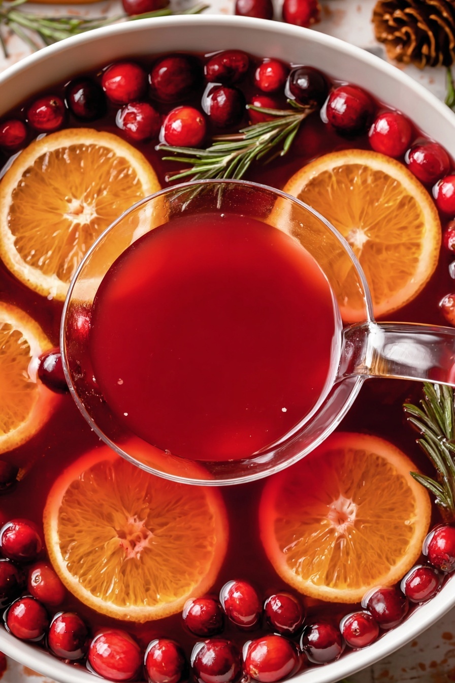 A white bowl filled with red punch, showing a top layer where bright orange slices float evenly spaced, surrounded by whole red cranberries scattered close together along the edge. Green rosemary sprigs add contrast in between the fruits. In the middle, a clear ladle holds up the red punch, its smooth surface shining with liquid light reflections. The background is a white marbled texture with cinnamon sticks and pine cones partially visible at the edges, creating a warm and festive look, photo taken with an iphone --ar 2:3 --v 7