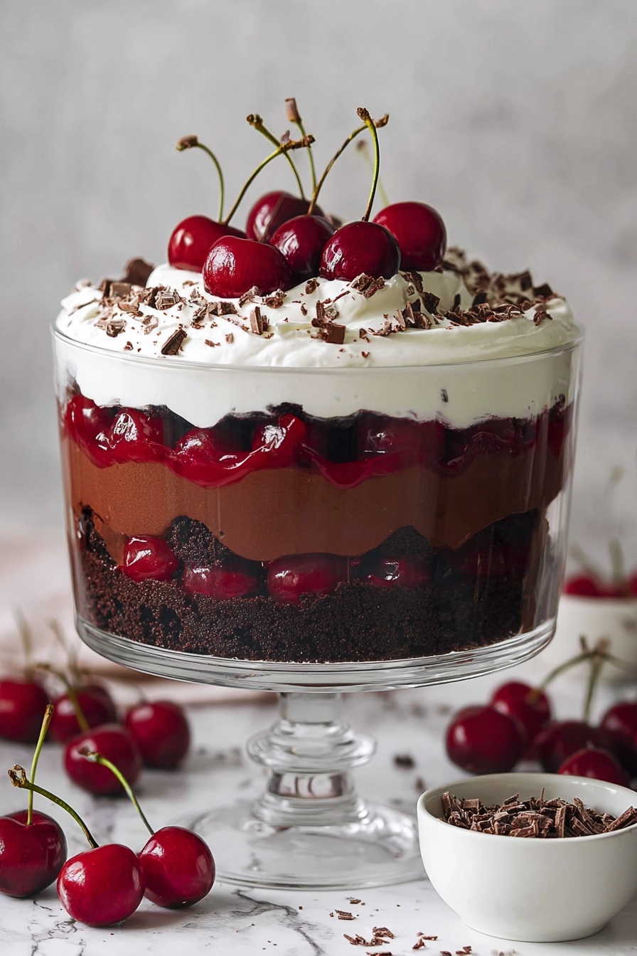The image shows a tall dessert in a clear glass trifle bowl with six visible layers. Starting from the bottom, the first layer is dark chocolate cake with a rough texture, followed by a smooth, thick layer of milk chocolate pudding. The third layer is bright red cherry sauce with whole cherries mixed in. Above that is a thick white cream layer, which is topped again by a rich chocolate pudding layer. The top layer is a thick white whipped cream spread unevenly, sprinkled with dark chocolate shavings, and crowned with a pile of shiny, deep red cherries with green stems. Around the bowl, fresh cherries lie on a white marbled surface, with a small white bowl holding chocolate shavings and a glass with a dark red drink blurred in the background. photo taken with an iphone --ar 2:3 --v 7