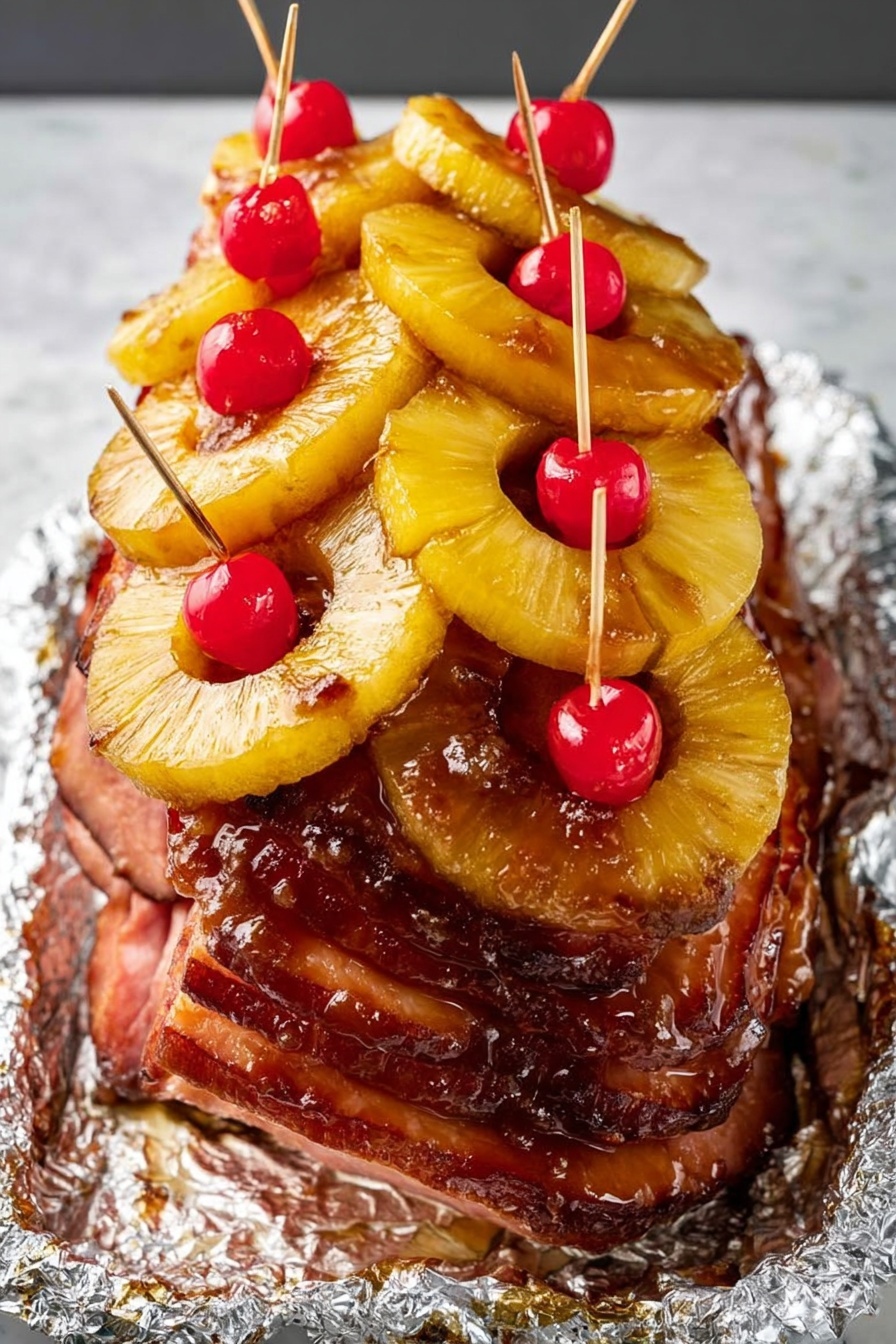 The image shows a close-up of a sliced glazed ham on a white plate. The ham is cut into many thin layers, each with a shiny, caramelized brown glaze and a mix of darker and lighter pink meat inside. The outer edges have a slightly crispy texture with hints of char. The plate beneath has some yellowish bits, possibly small pieces of cooked fruit or sauce, adding a contrast in color. The background has a white marbled texture, and to the side, part of a woman's hand holding a utensil is visible near the bottom right corner. photo taken with an iphone --ar 2:3 --v 7